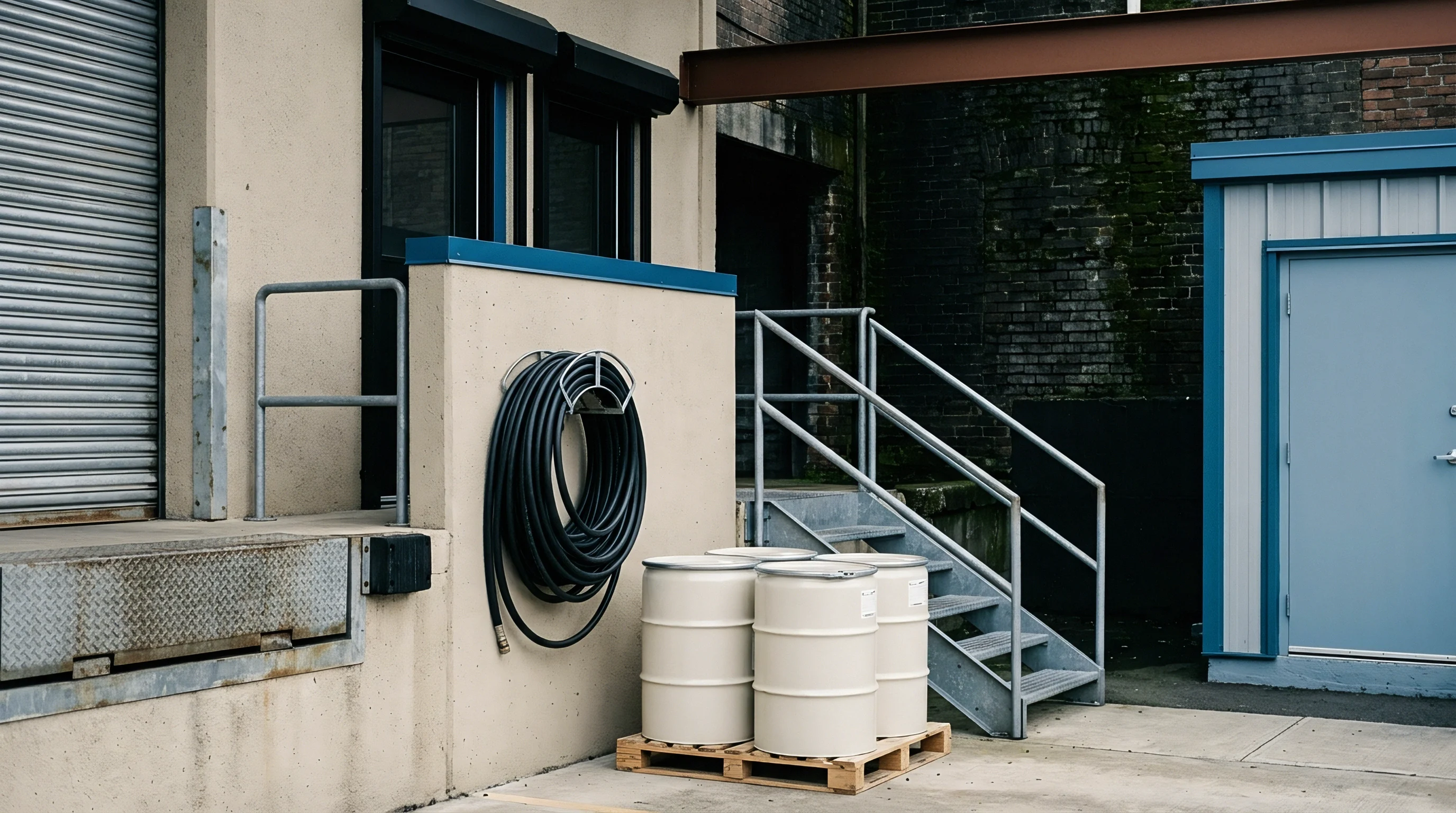 Industrial warehouse loading dock exterior features concrete walls, metal stairs, a coiled rubber water hose, and plastic barrels on a wooden pallet.