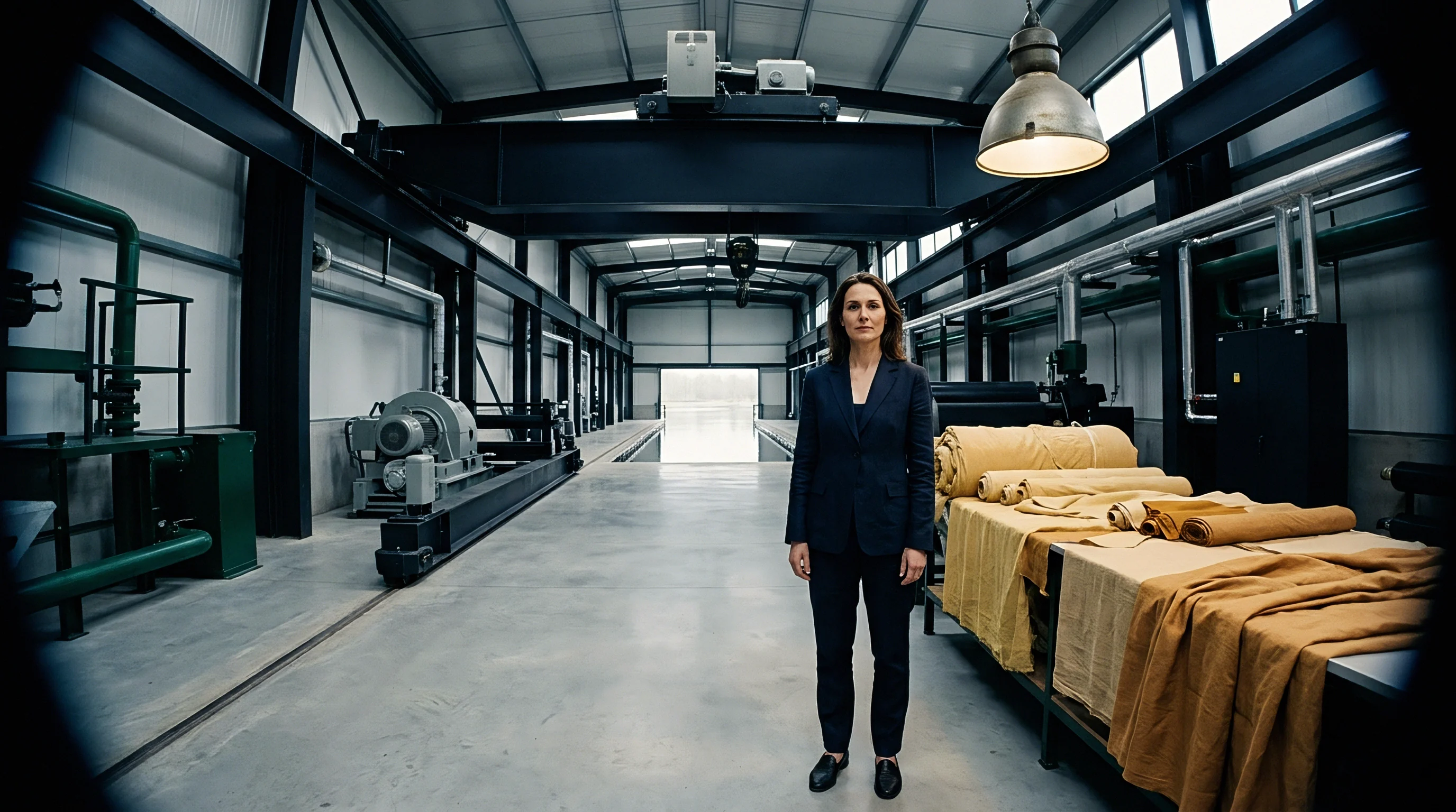 A dark suited professional stands centred inside a grey industrial warehouse floor beside stacked rolls of woven textile and heavy machinery.