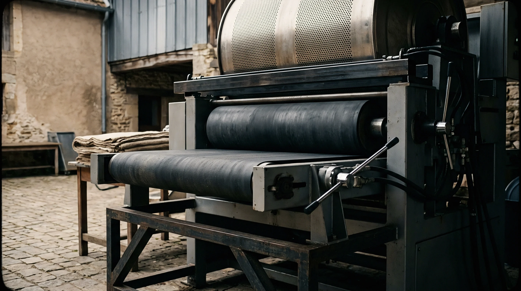 Heavy industrial processing machinery featuring a rubber roller and perforated metal cylinder stands on cobblestones outside a stone textile workshop.