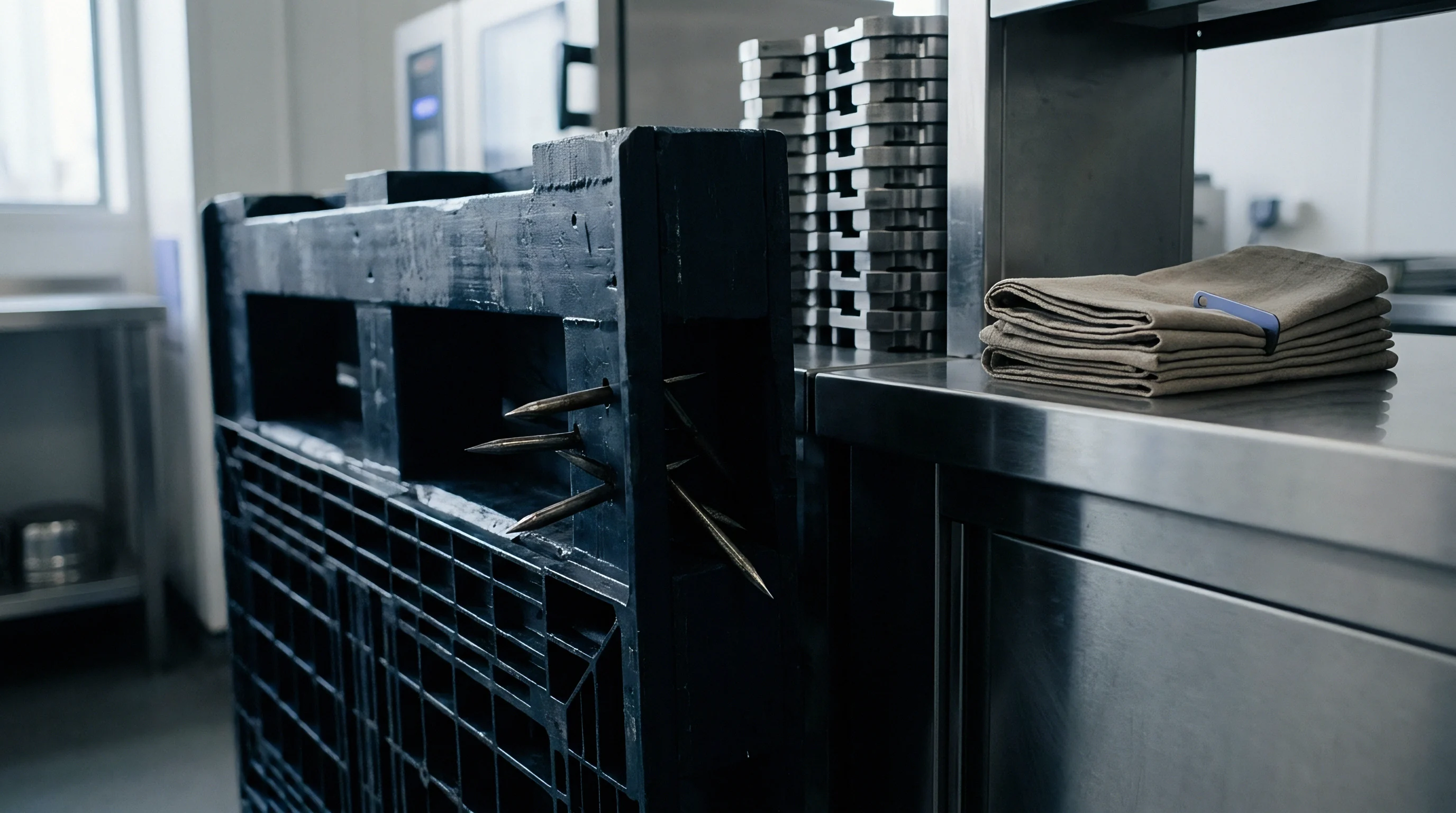 Folded woven fabric rests on a stainless steel industrial counter beside a heavy plastic pallet inside a textile production workspace.