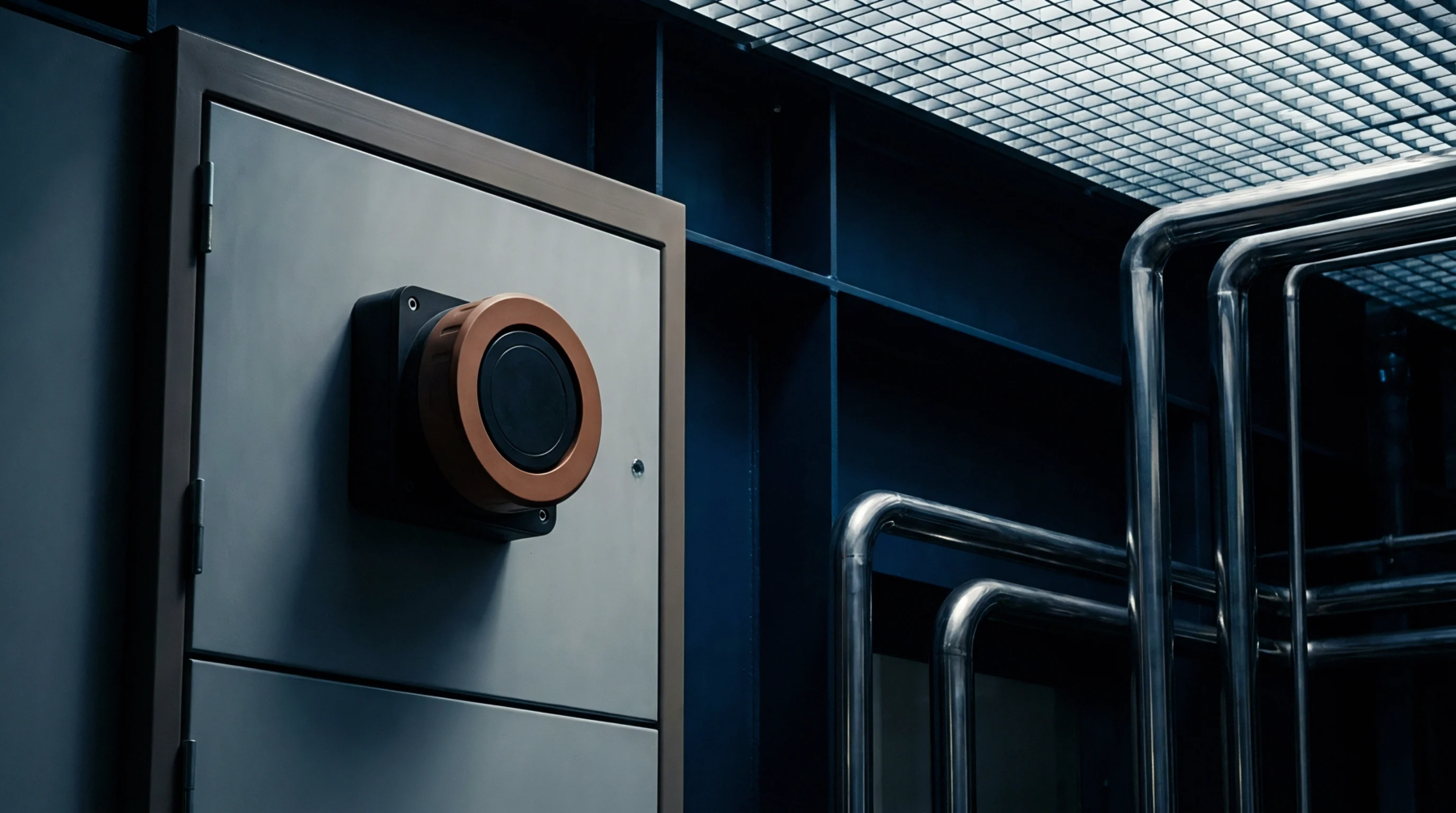 A stainless steel electrical control box with a rotary switch stands adjacent to polished metal piping within a heavy manufacturing facility.
