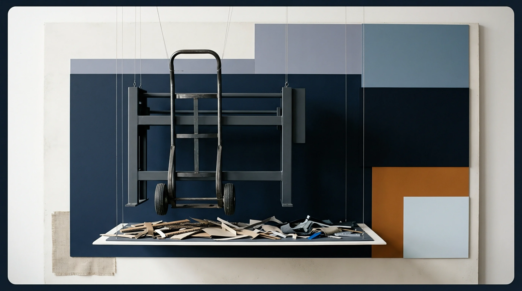 A heavy metal hand truck hangs above a floating shelf holding cut textile scraps against a multi colored workshop wall panel.