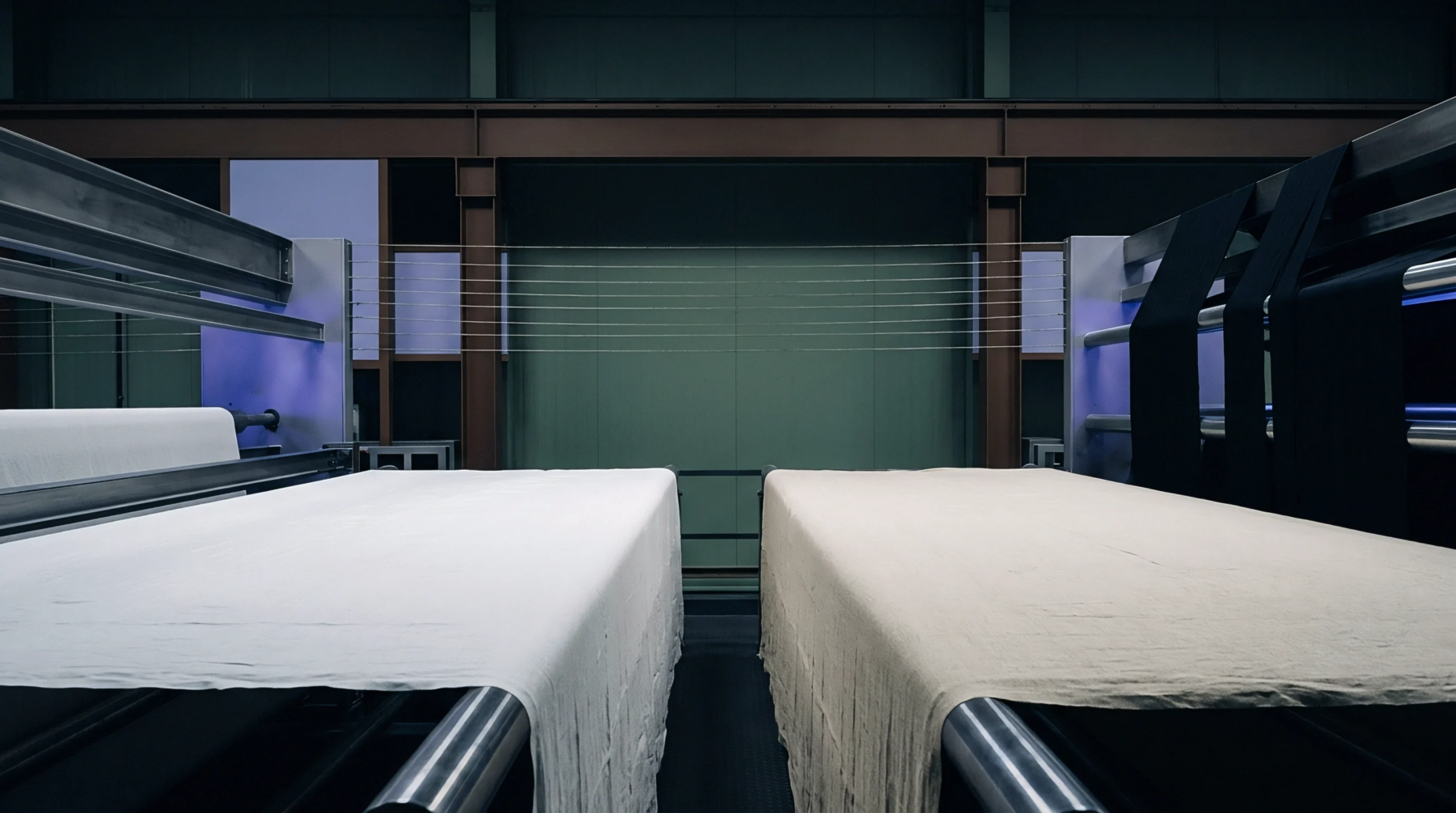 Two parallel industrial tables support finished woven cloth rolls inside a textile manufacturing facility equipped with warping threads.