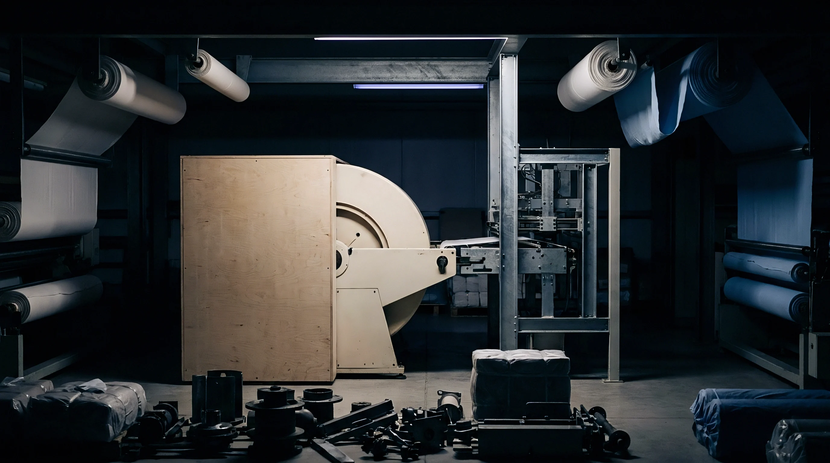 Heavy industrial machinery processes large rolls of woven textile material inside a dimly lit manufacturing facility floor.