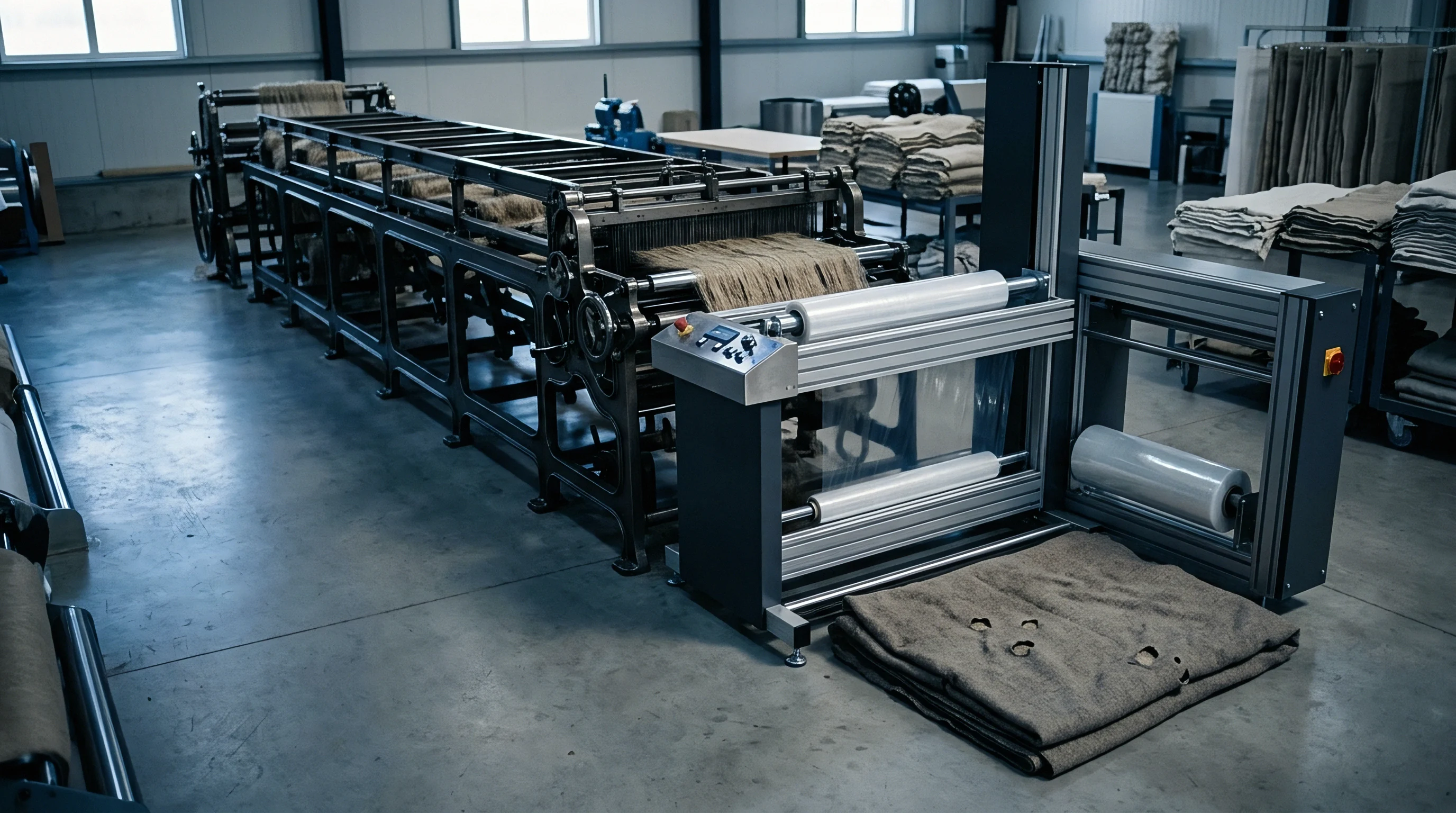 A massive industrial loom spans a concrete factory floor, surrounded by stacked rolls of woven flax cloth and wrapping equipment.