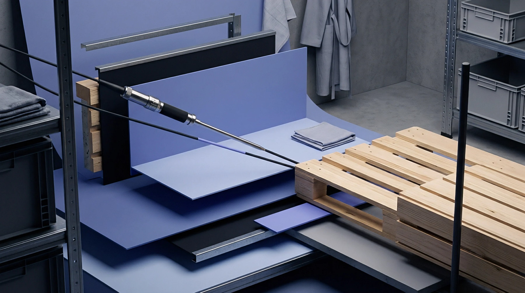 Folded grey woven textile lies beside a wooden pallet and measurement sensor on stacked panels within an industrial storage environment.