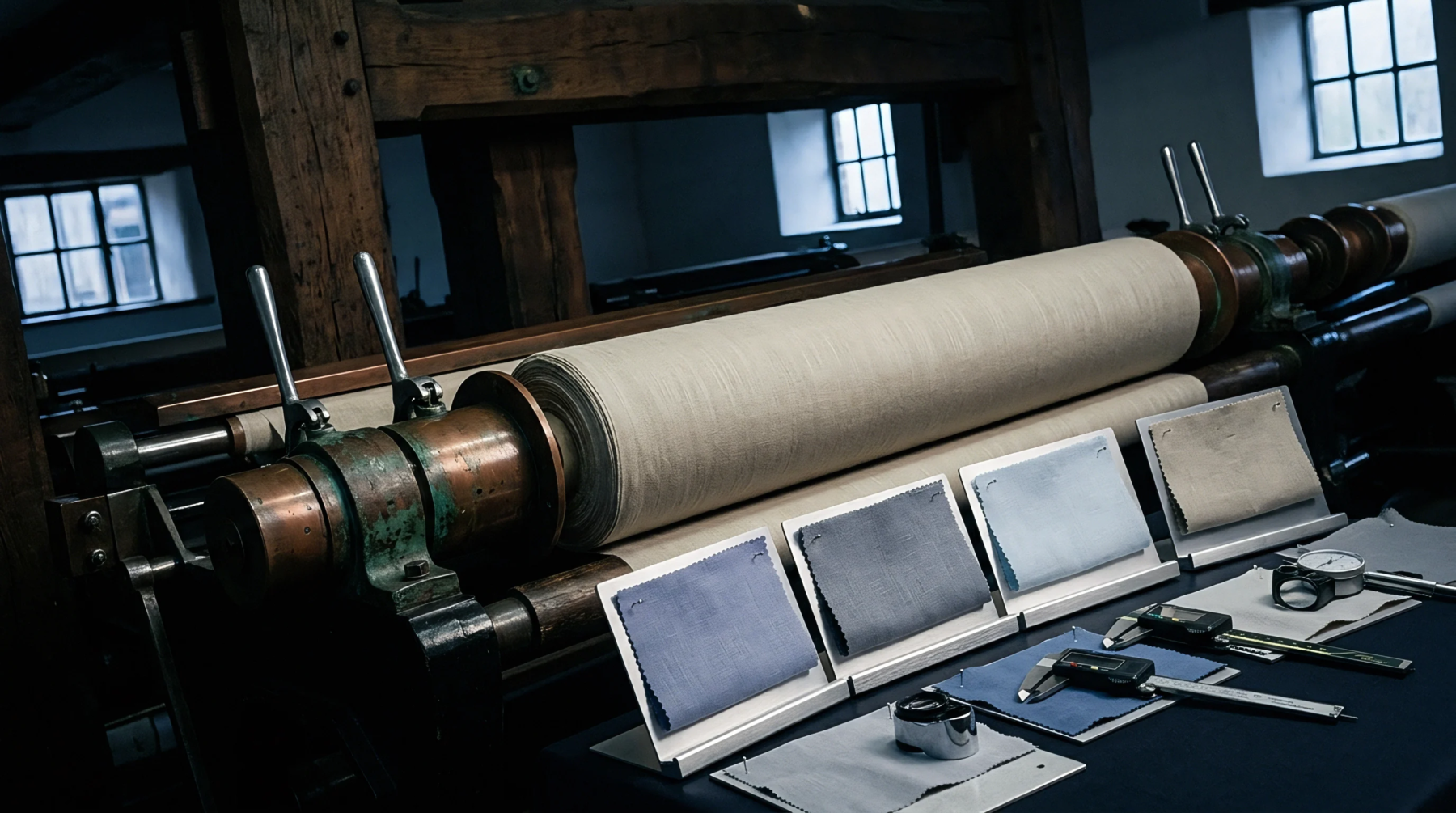 Heavy industrial machinery unrolls woven linen fabric across a workshop table displaying fabric swatches and precision measurement tools.