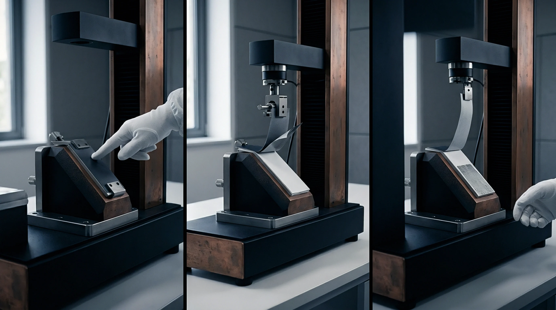 Three sequential panels display an industrial testing apparatus measuring physical tension on a woven textile sample mounted on an inclined block.