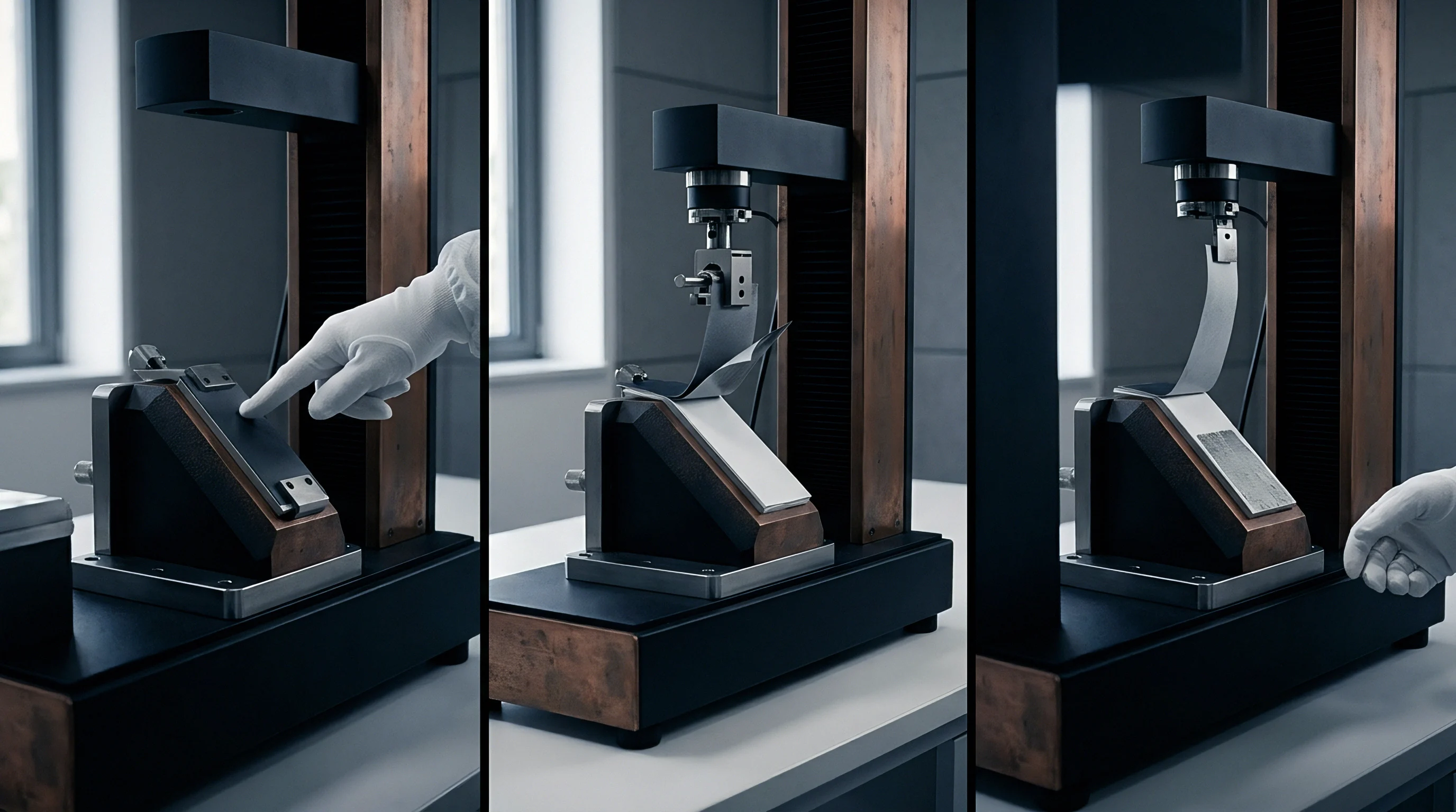 Three sequential panels display an industrial testing apparatus measuring physical tension on a woven textile sample mounted on an inclined block.