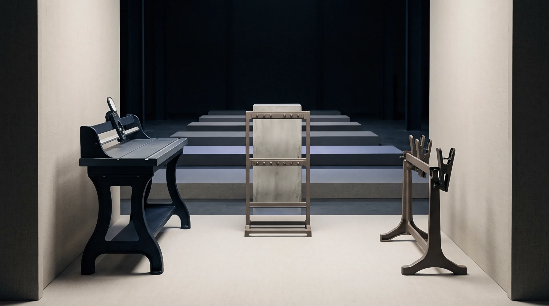 Minimalist industrial interior houses a dark metallic testing desk beside a central stone slab stand and a metal rack facing tiered grey background steps.