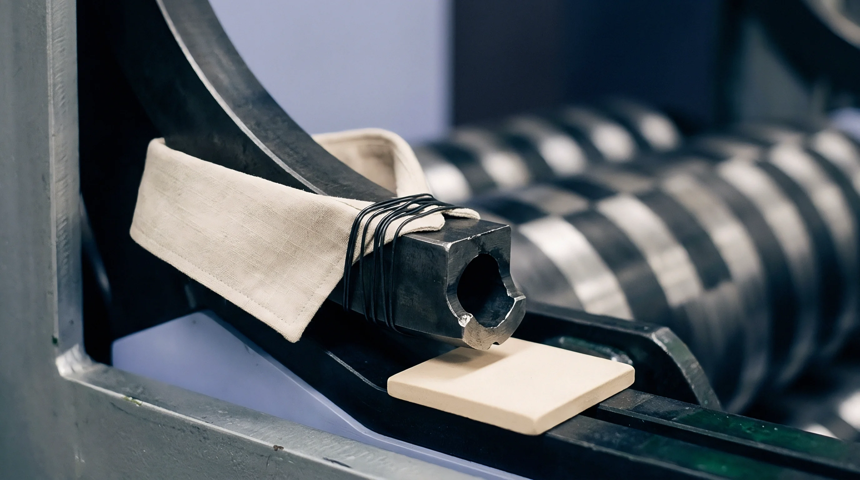 A woven linen fabric collar is secured with dark elastic bands onto a steel industrial machine arm inside a textile factory.