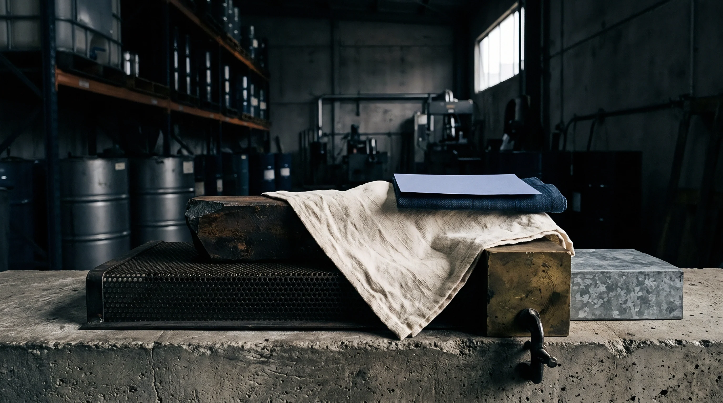 Unfinished woven linen fabric and folded textile samples rest upon heavy industrial machinery parts inside a dark manufacturing warehouse.