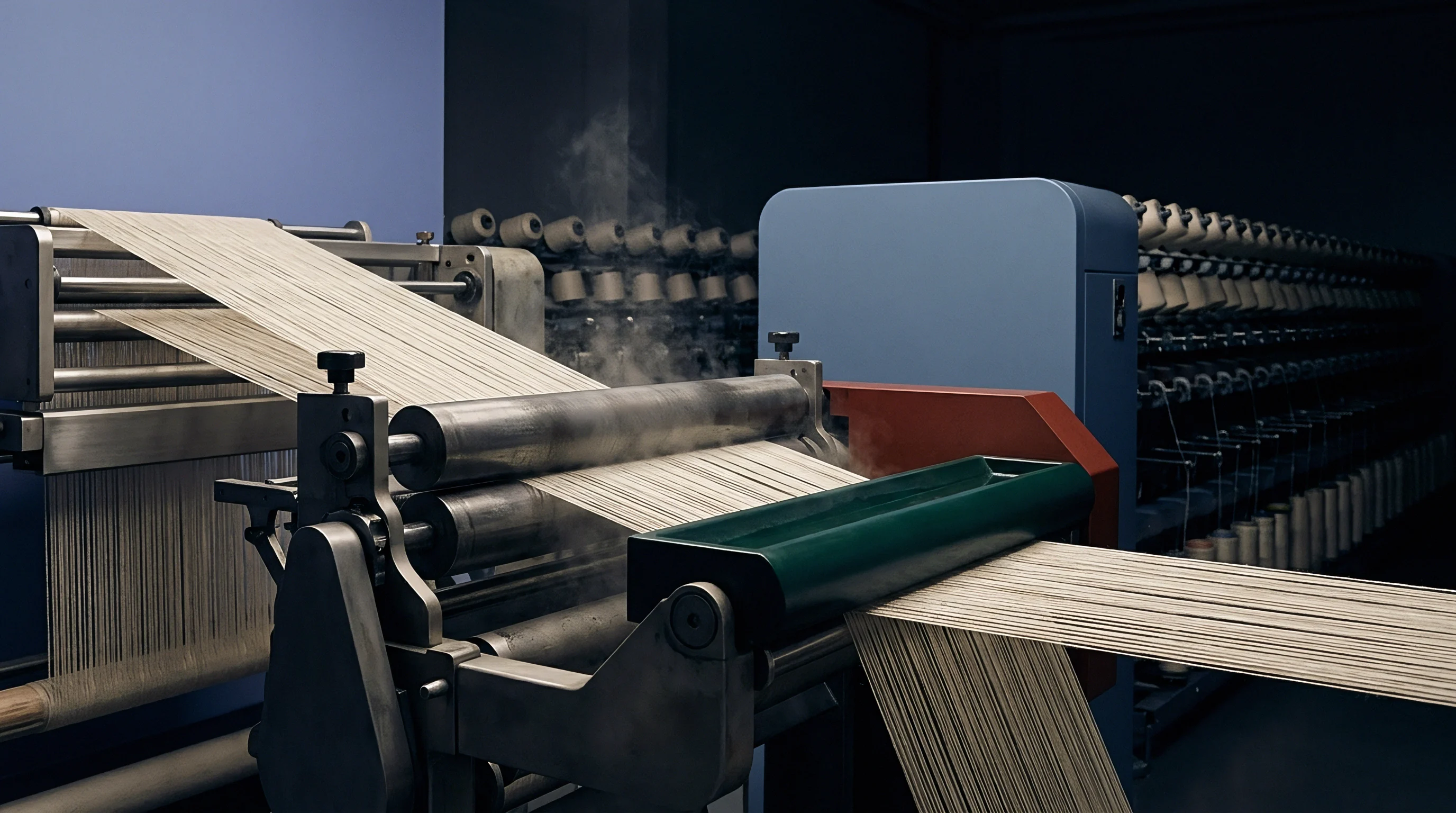 Fine flax warp yarns feed through heated tension rollers on an industrial sizing machine inside a textile manufacturing facility.
