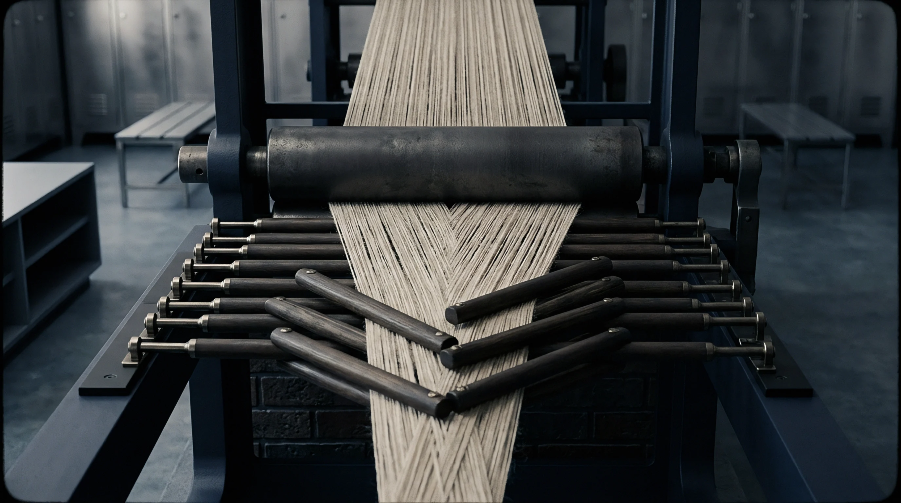 Industrial warping machinery aligns continuous flax yarn threads through parallel guide bars within a monochrome manufacturing facility in this digital render.