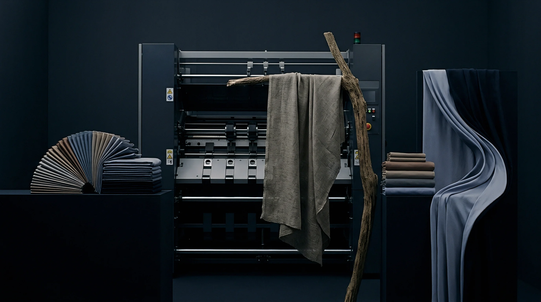 Woven linen textiles and chromatic sample books flank an industrial weaving machine inside a dark production studio.