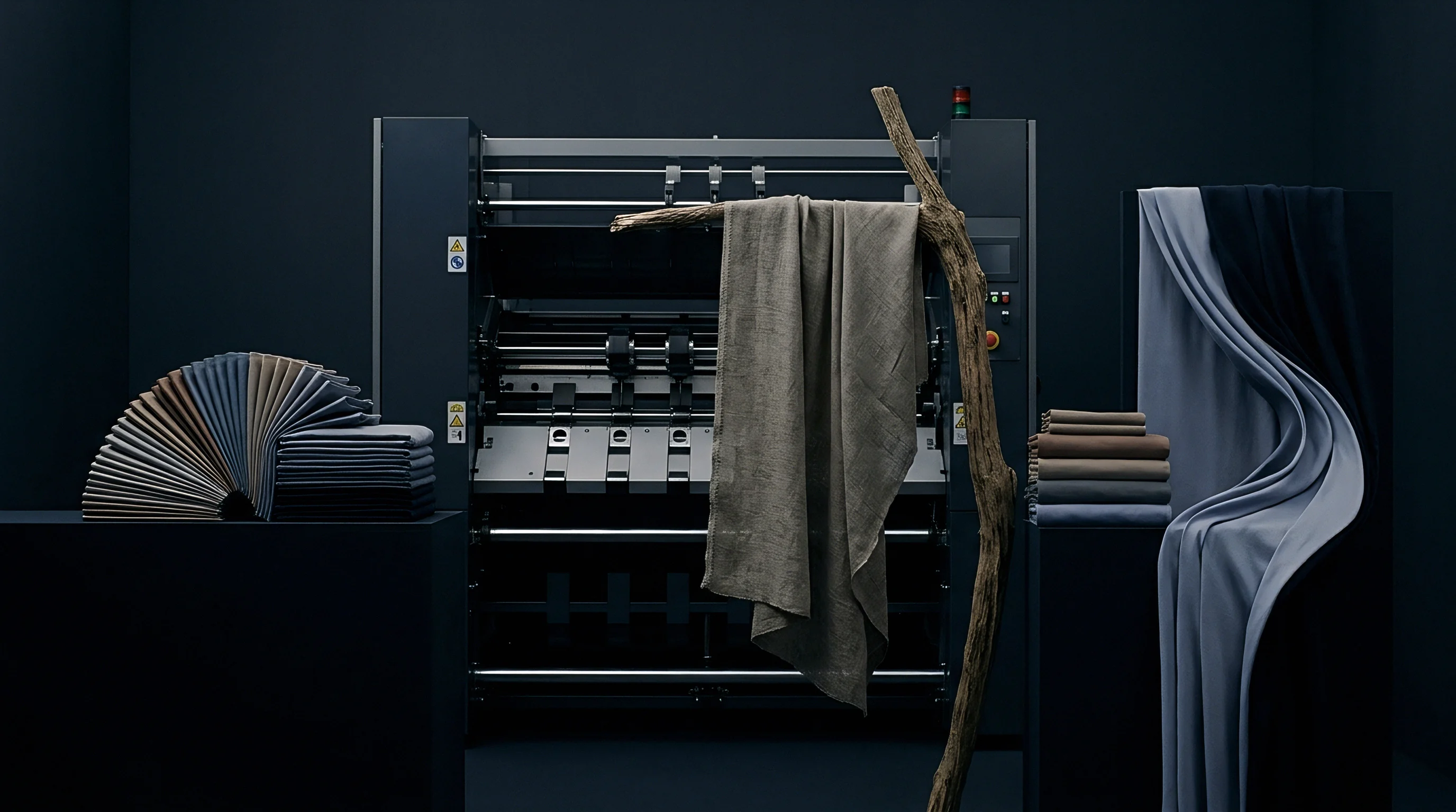 Woven linen textiles and chromatic sample books flank an industrial weaving machine inside a dark production studio.