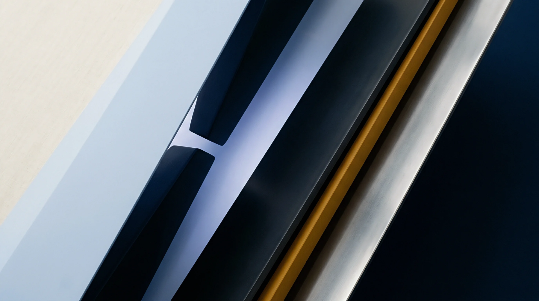 Black and yellow geometric shapes meet sharp grey linear forms to outline a graphic schematic of complex industrial textile production machinery.