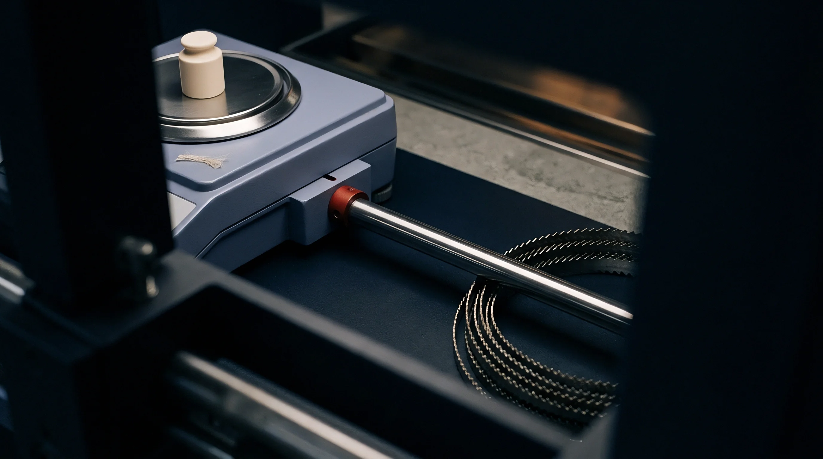 A laboratory analytical scale supports a calibration weight beside a coil of black technical filament on a dark industrial test platform.