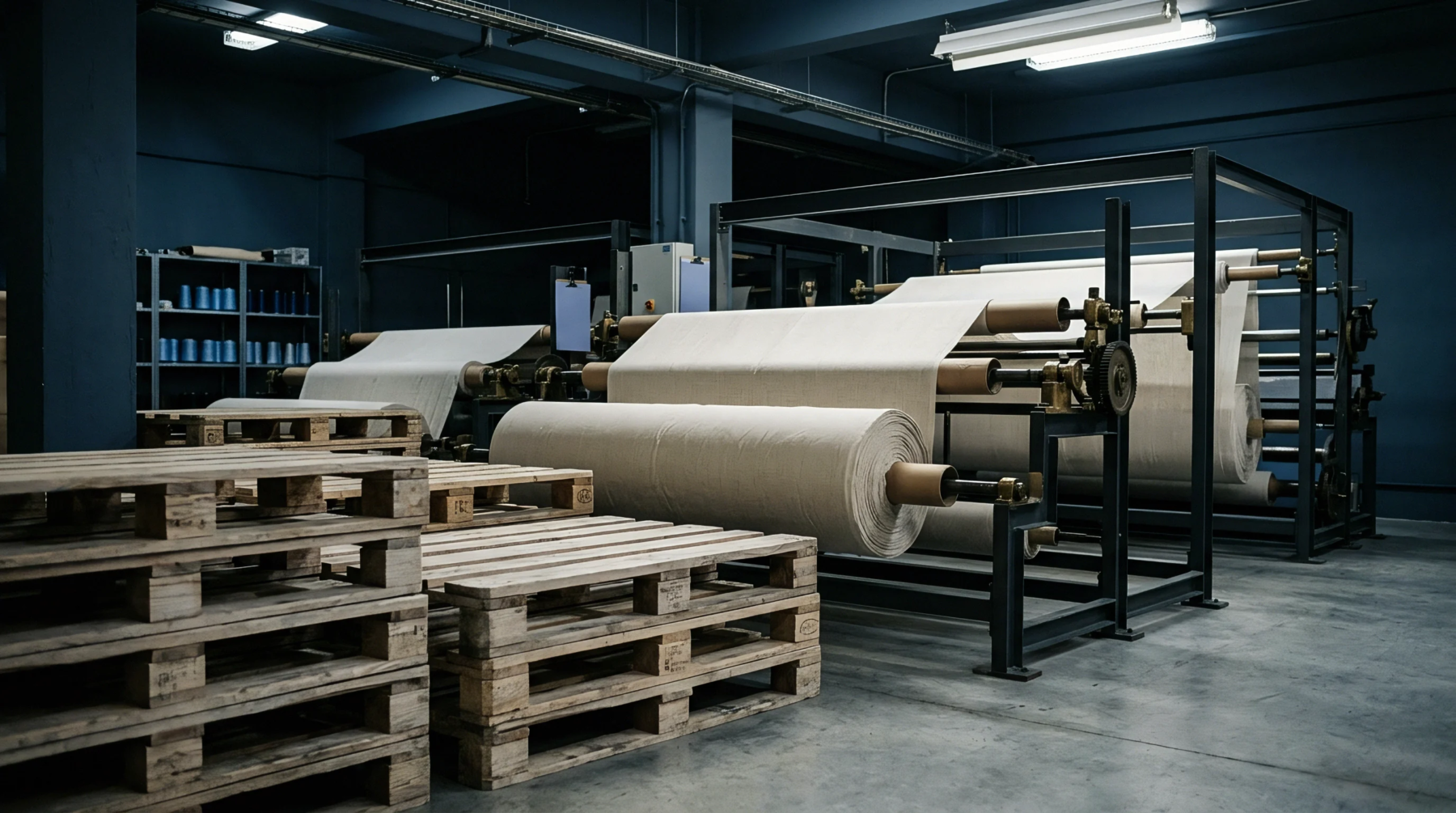 Heavy industrial looms and large rolls of woven cloth fill the dim manufacturing floor alongside stacked wooden pallets.