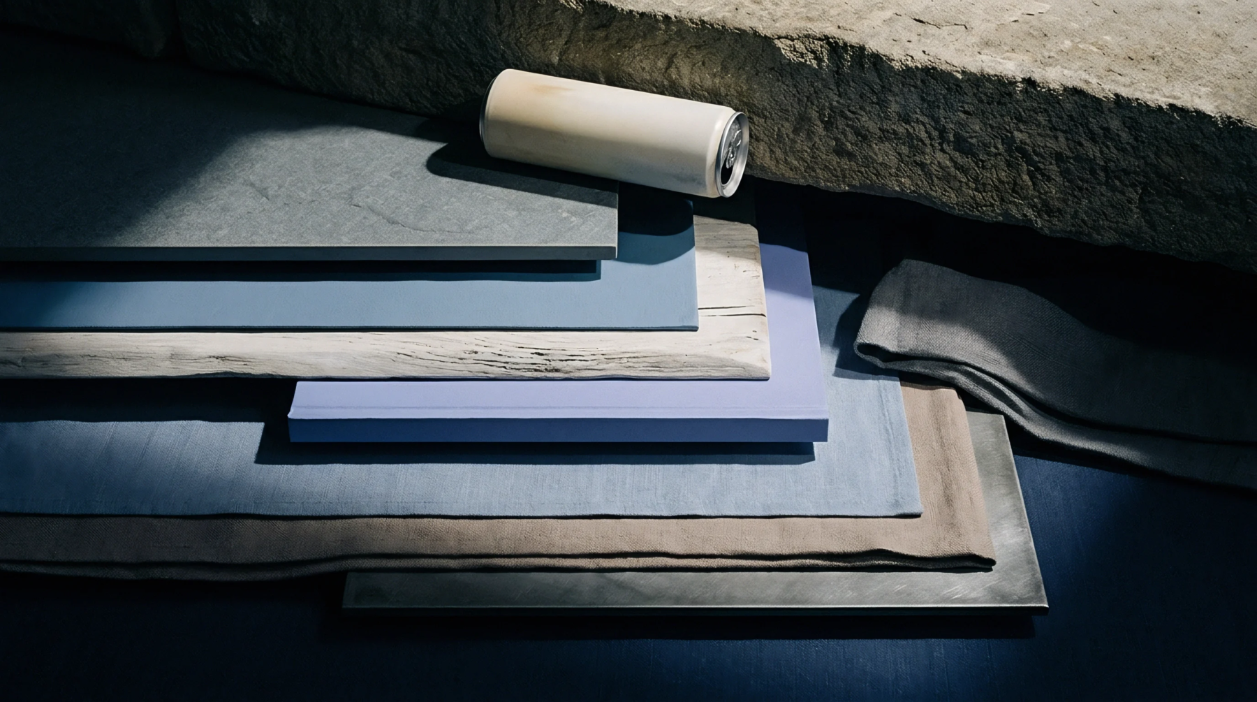 Woven linen cloth swatches and stone tiles rest in horizontal layers beneath a heavy concrete architectural element inside a workshop.