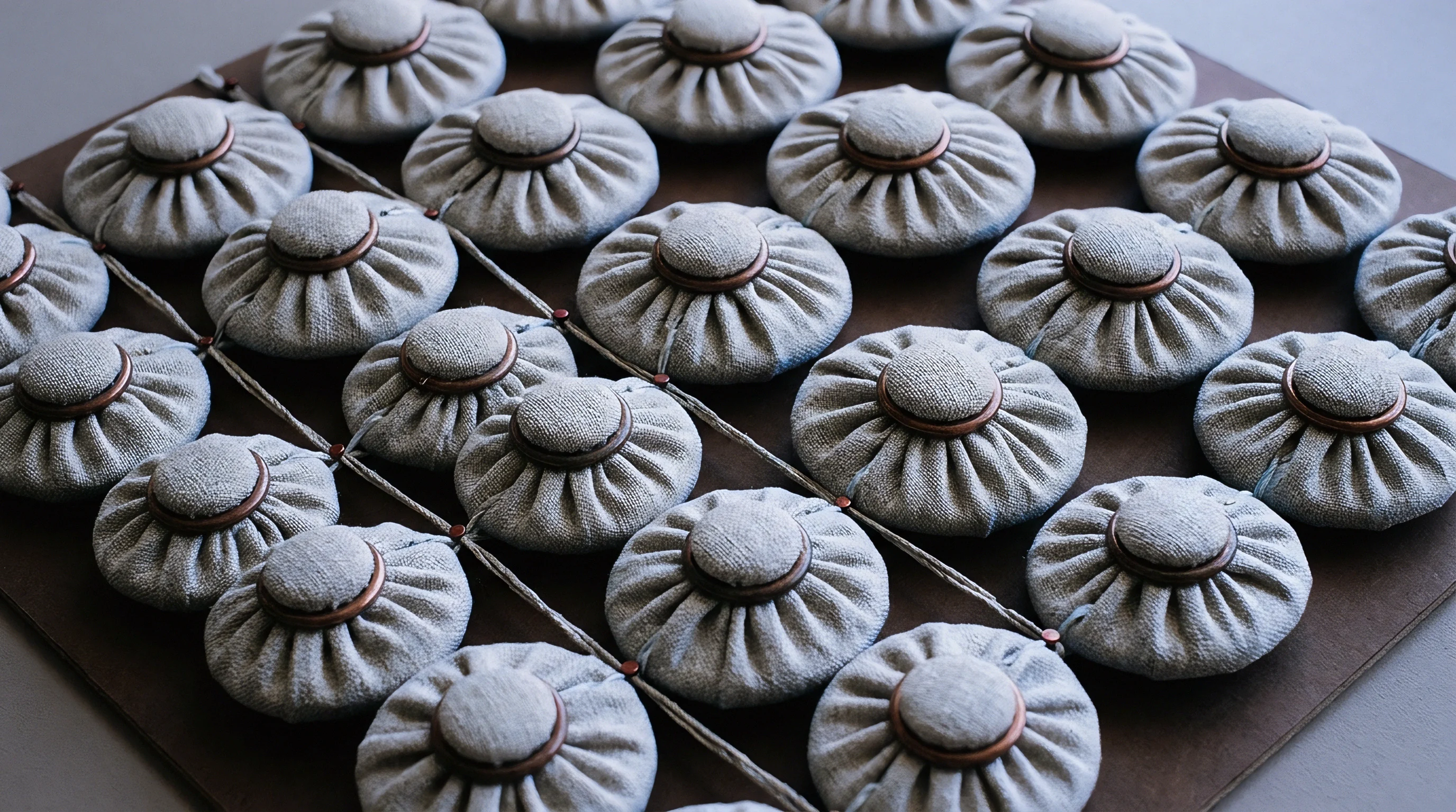 Small circular linen fabric buttons with metal centers sit in a structured grid across a dark board connected by fine cords in this digital render.