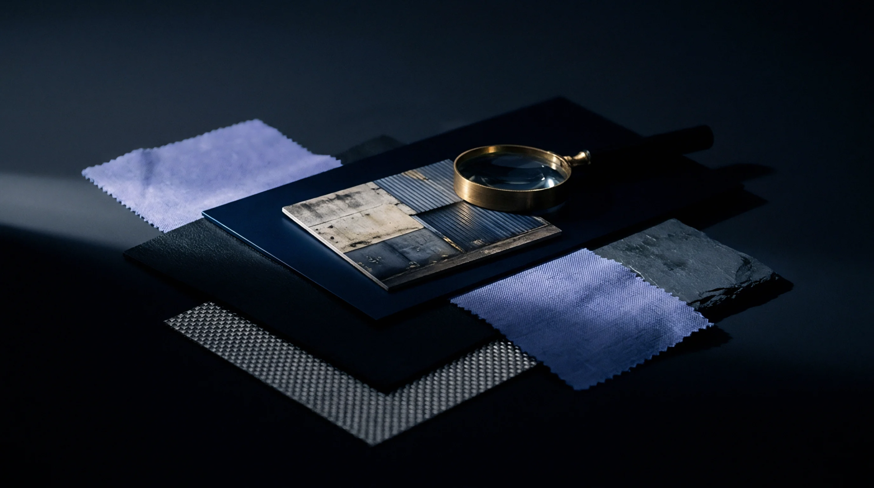 Lavender woven swatches lie arranged alongside textured material cards and a brass magnifying glass on a dark presentation surface.