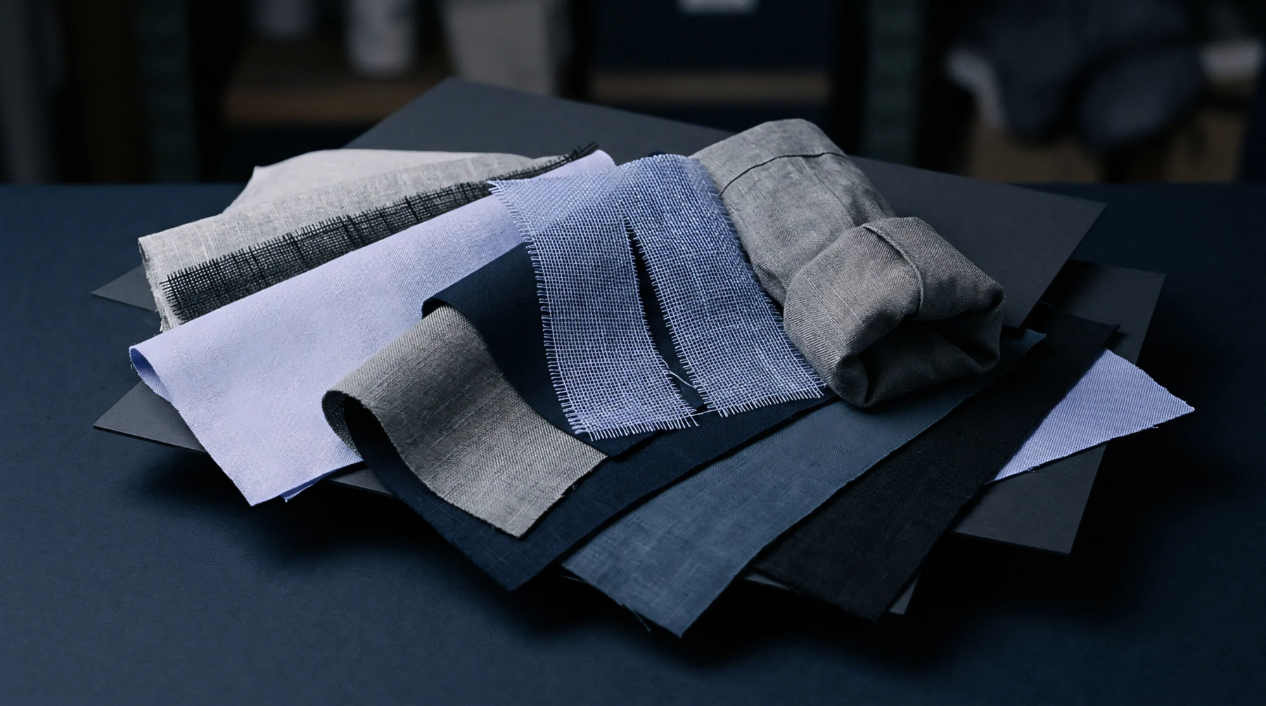 An array of woven linen textile samples of varying weights and hues lies arranged on a dark tabletop.