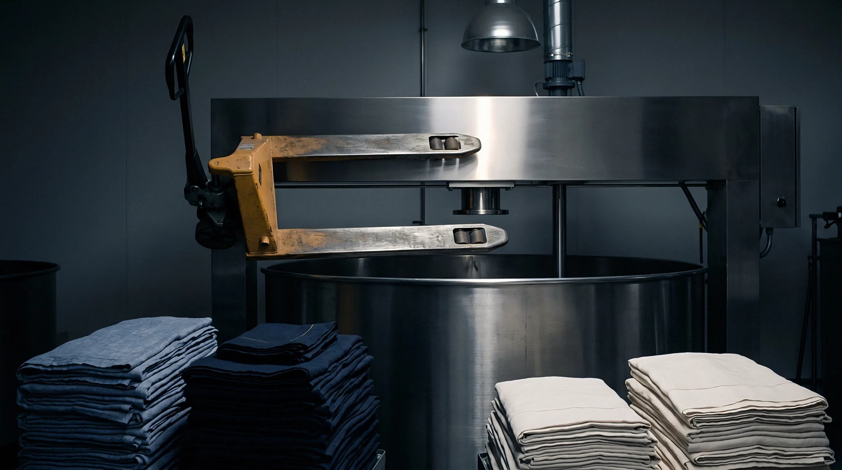 Stacks of folded linen textile goods sit adjacent to a stainless steel industrial vat and manual pallet handling equipment in a warehouse setting.