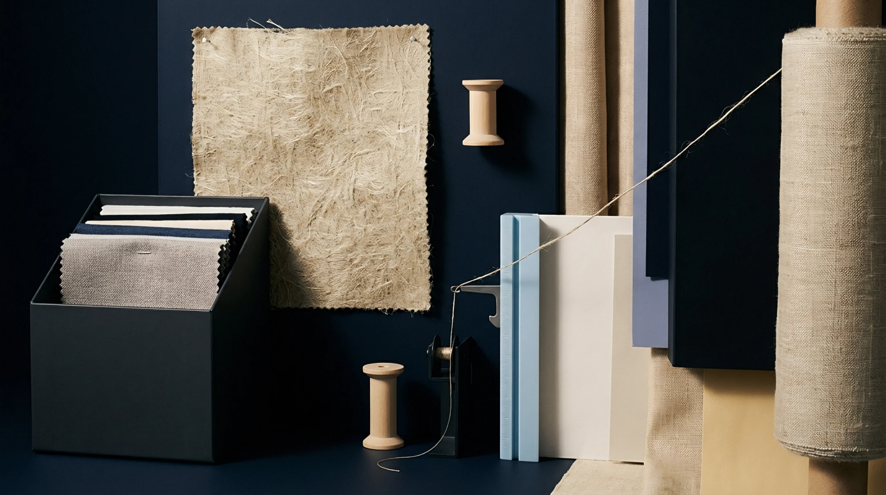 Swatches of woven linen rest in a grey container beside a raw flax fibre sheet pinned to a dark blue wall.