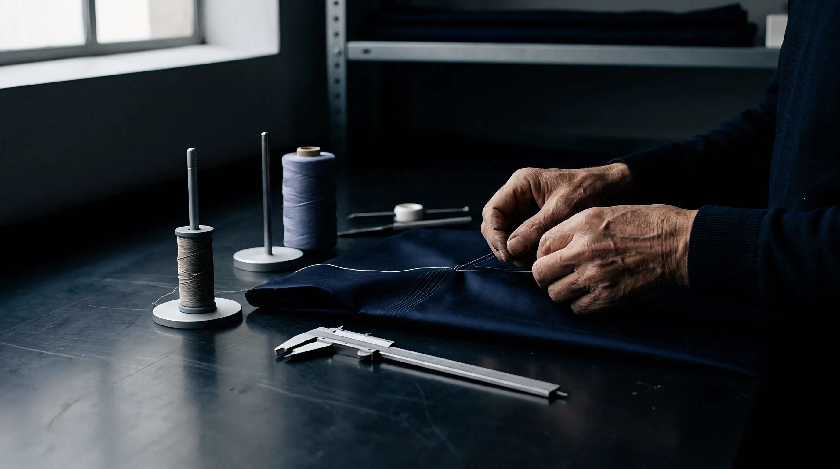 Hand finishing takes place on dark woven cloth next to spools of thread and measuring tools on a workshop table.