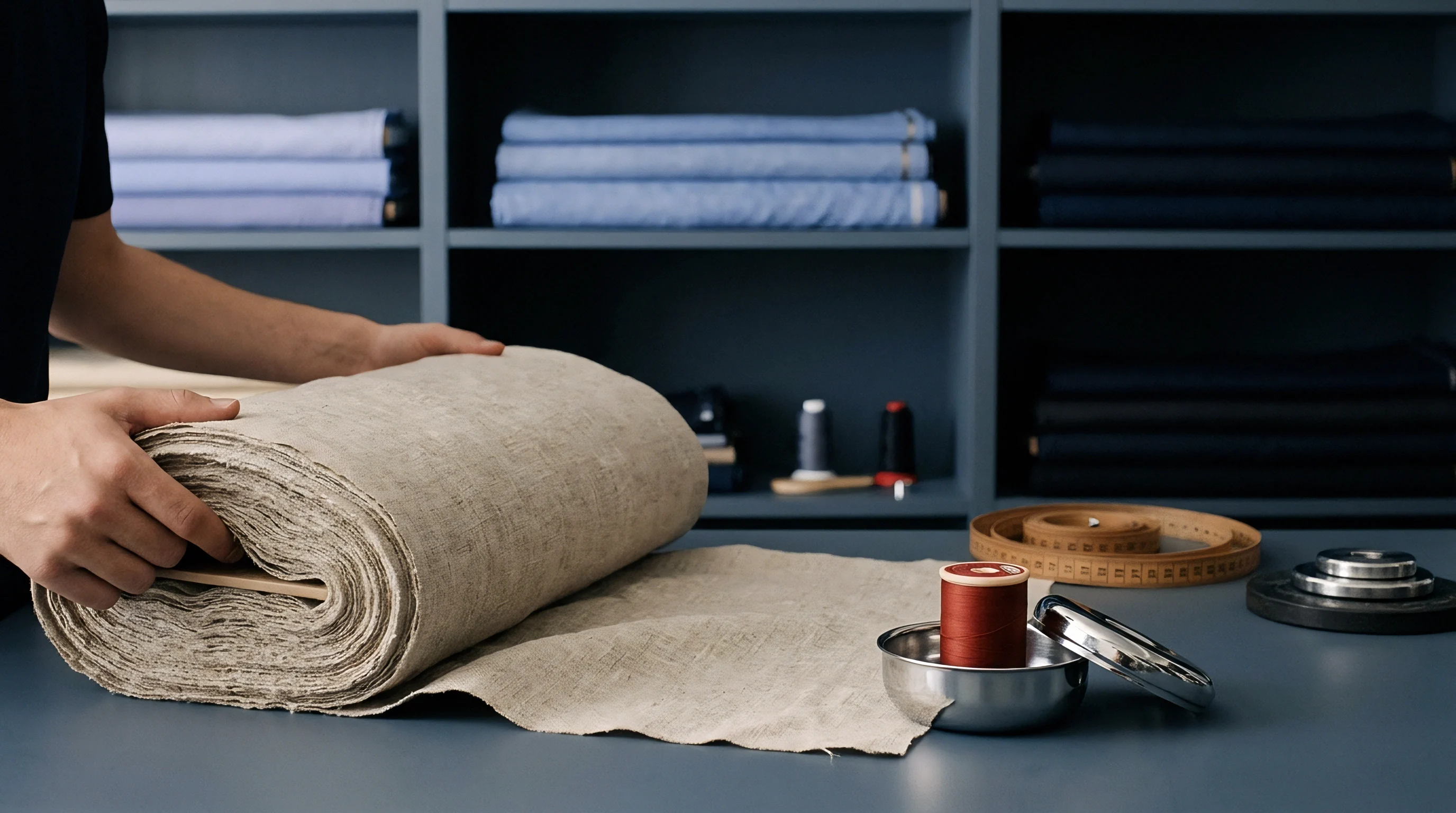 An artisan manually unrolls a heavy woven flax fabric bolt across a grey workshop table beneath shelves stacked with finished cloth rolls.