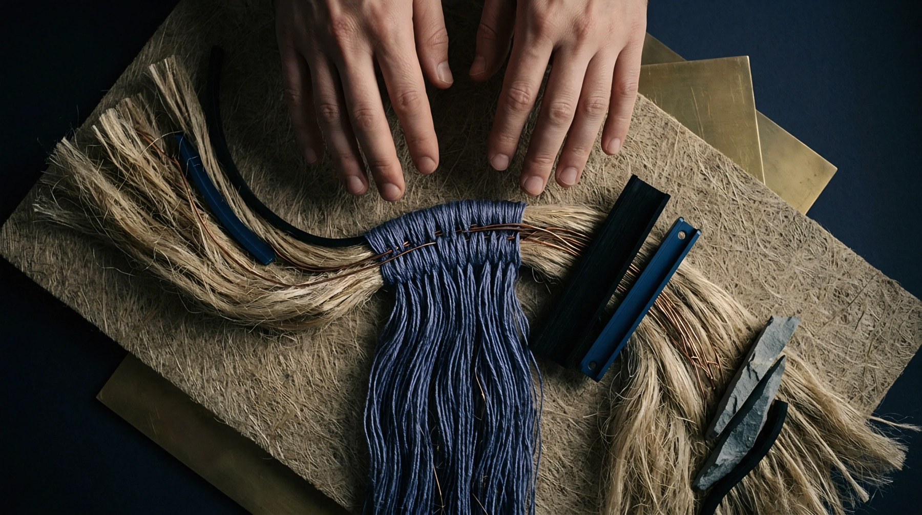 Raw flax fibres and blue woven yarn rest alongside brass plates and slate shards beneath hands on a textured work surface.