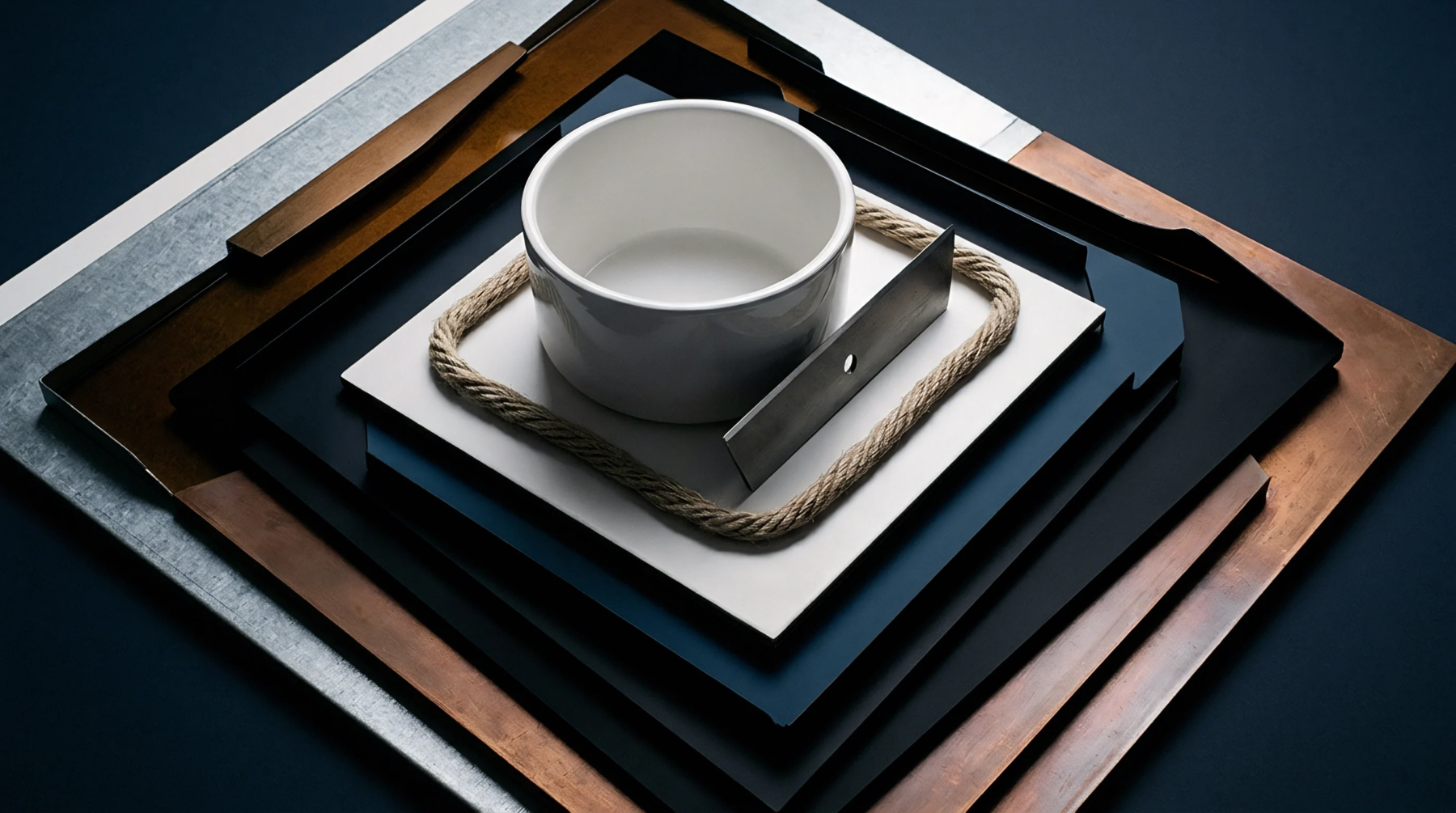Digital render of nested square panels in metal and wood surrounding a central ceramic vessel and twisted natural fiber rope.