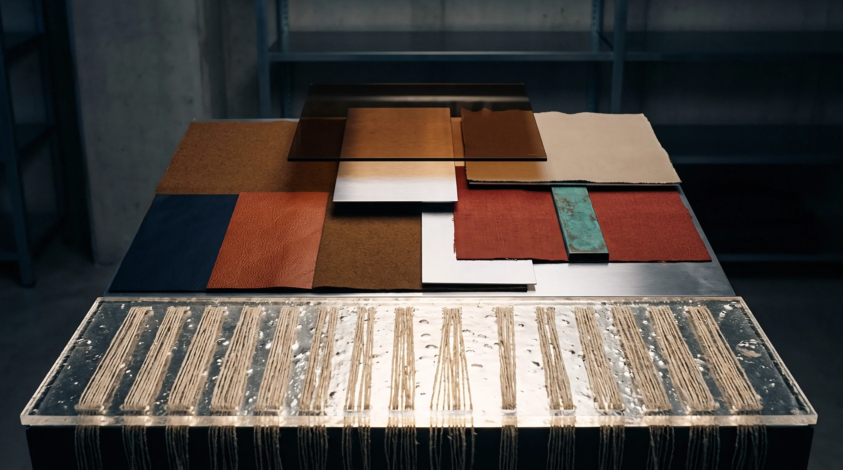 Strands of natural flax yarn are secured in an acrylic alignment frame on a metal work table alongside textile swatches.