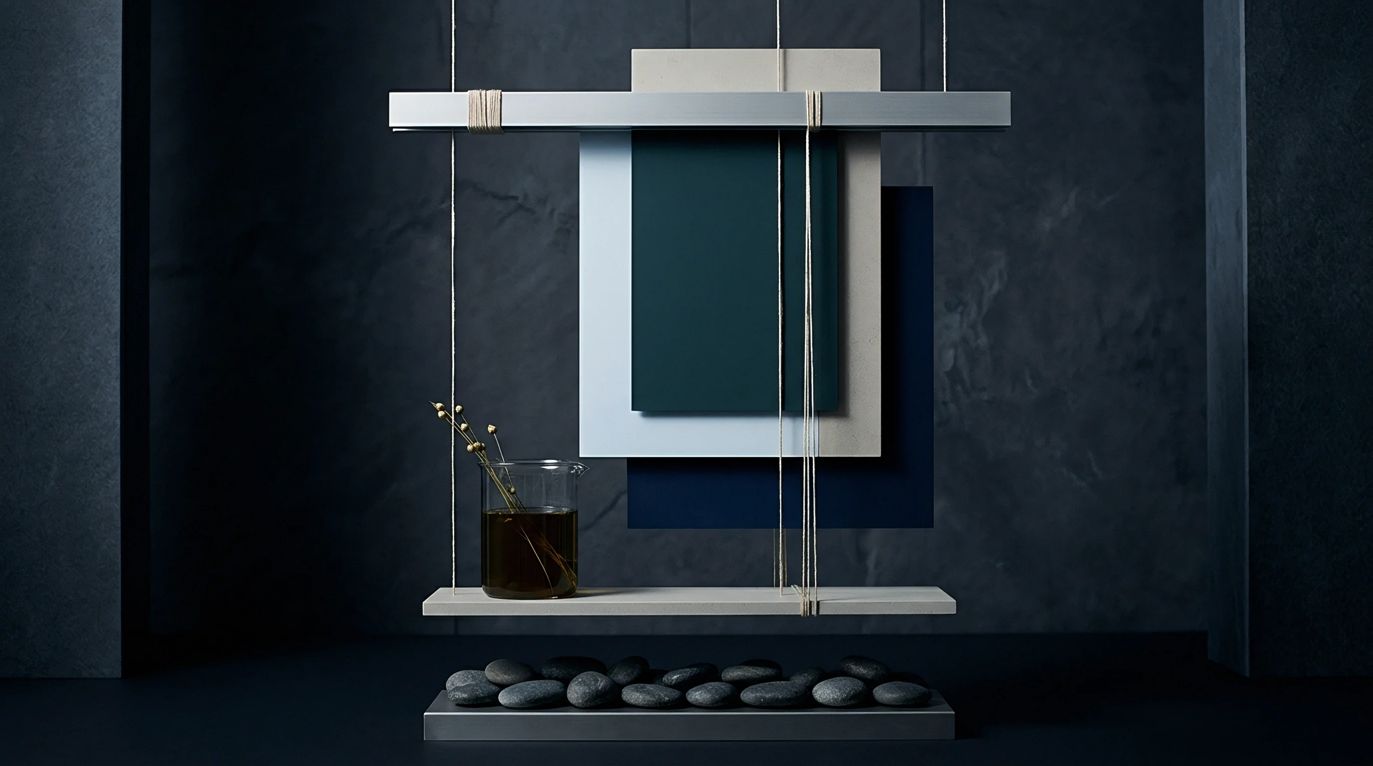 Four layered panels in indigo and neutral tones hang beneath a suspended metal bar alongside a dye sample beaker.