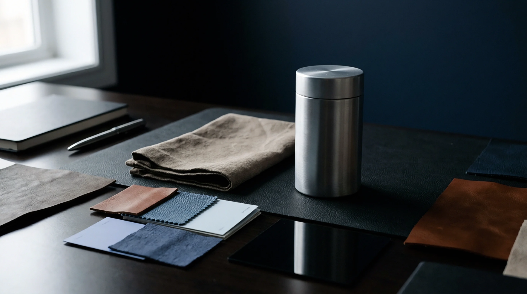 Metal canister rests beside folded natural fiber textile swatches and assorted leather samples on a dark surface during material assessment.