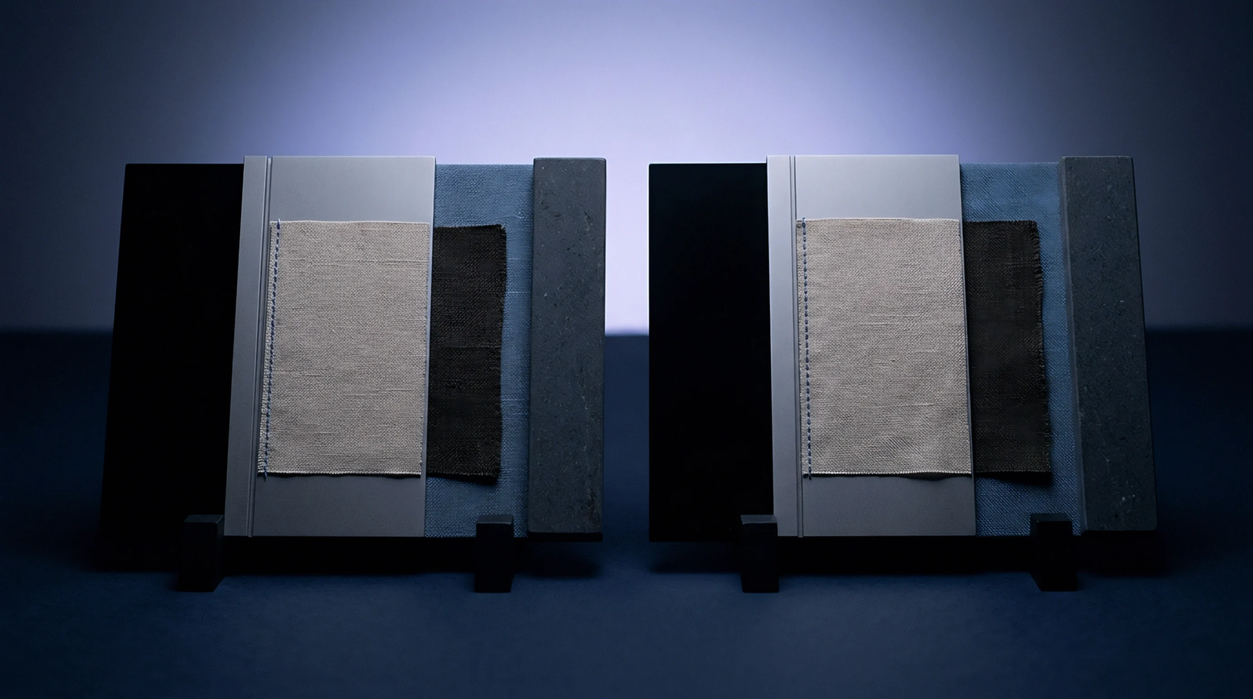 Two side by side material sample boards display woven linen swatches attached with blue stitching alongside various production textiles.