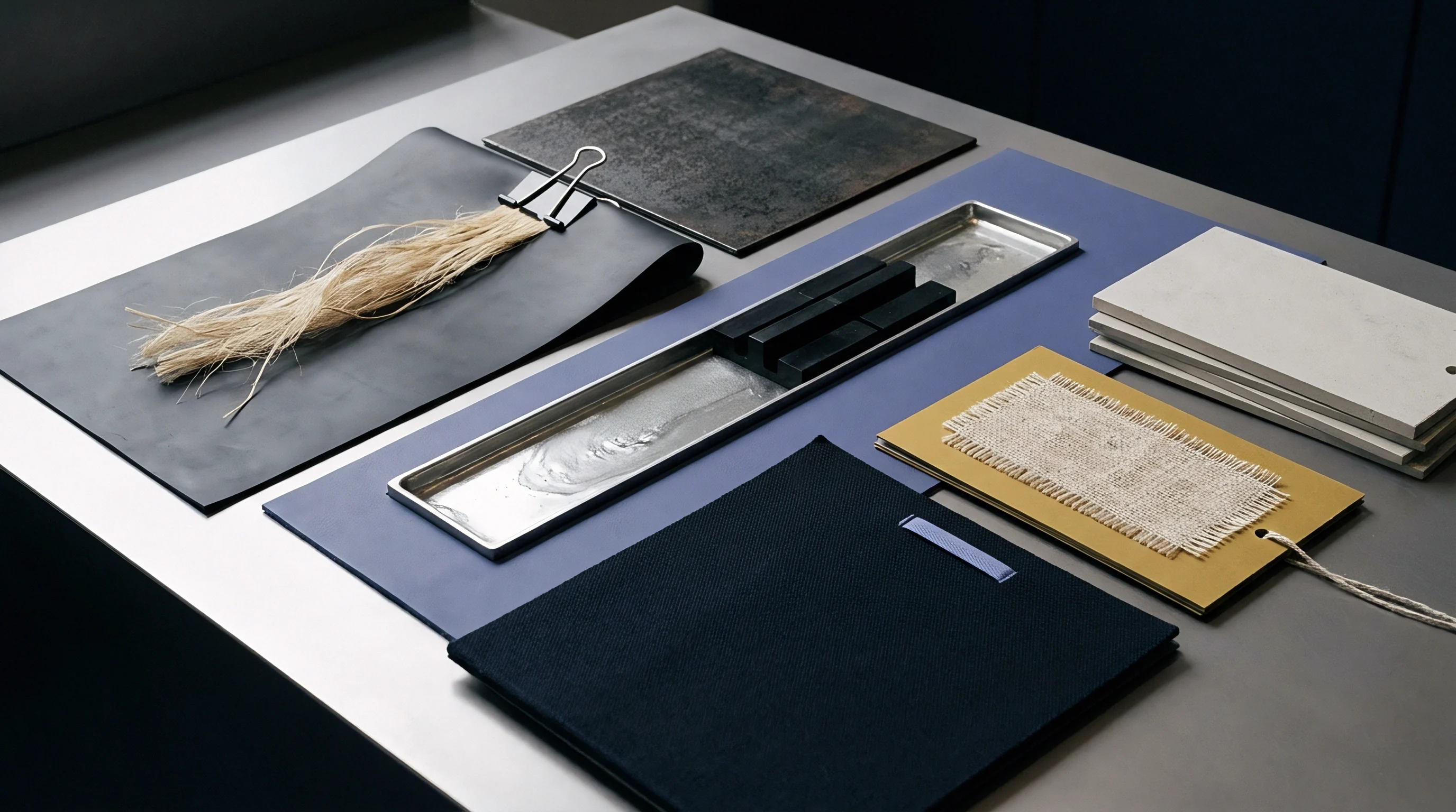 Raw flax fibers secured with a metal clip rest beside woven textile swatches and material samples arranged on a flat surface.