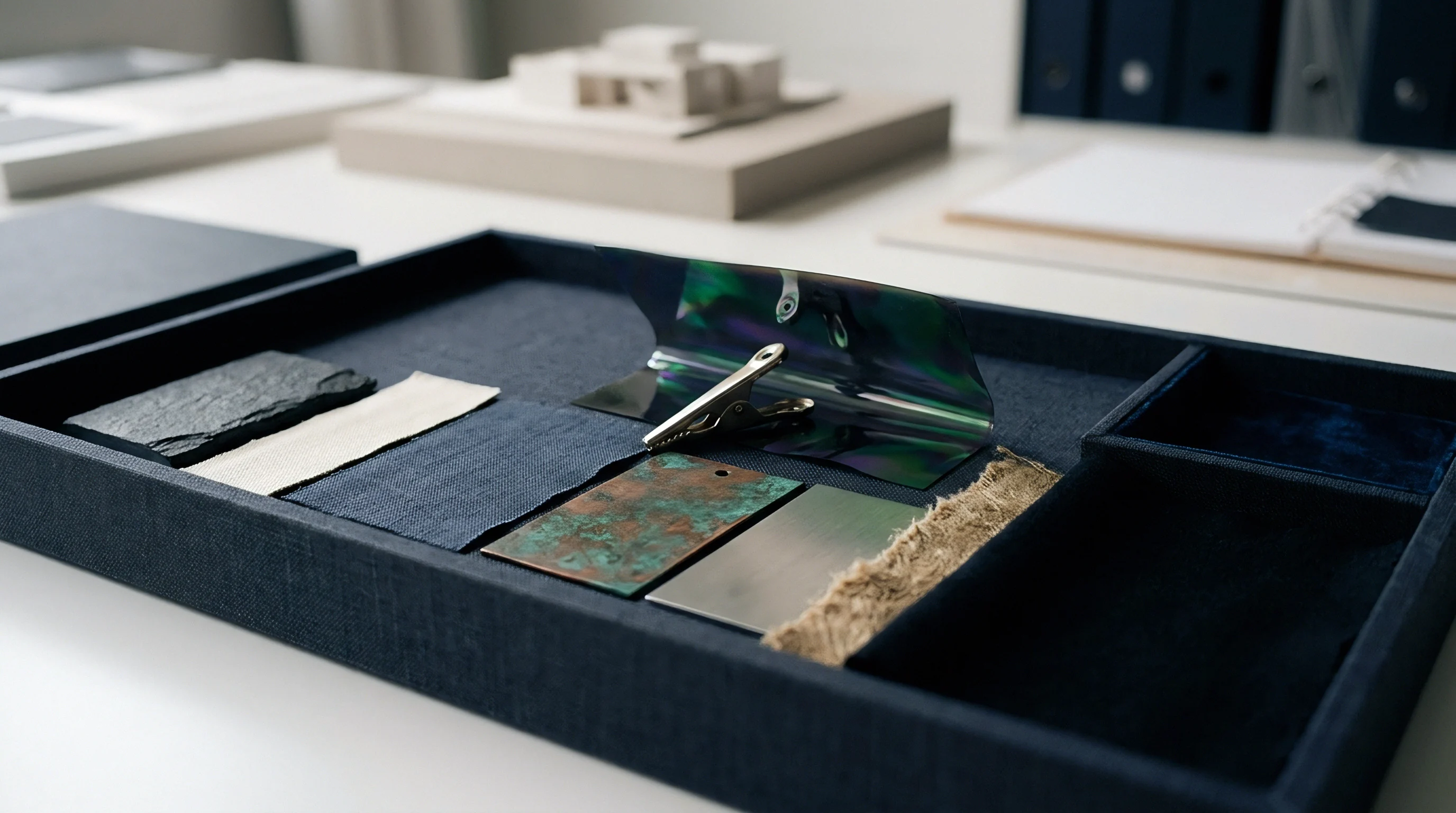 Various woven textile swatches and raw flax fibre samples rest inside a partitioned dark blue material sourcing tray on a studio desk.