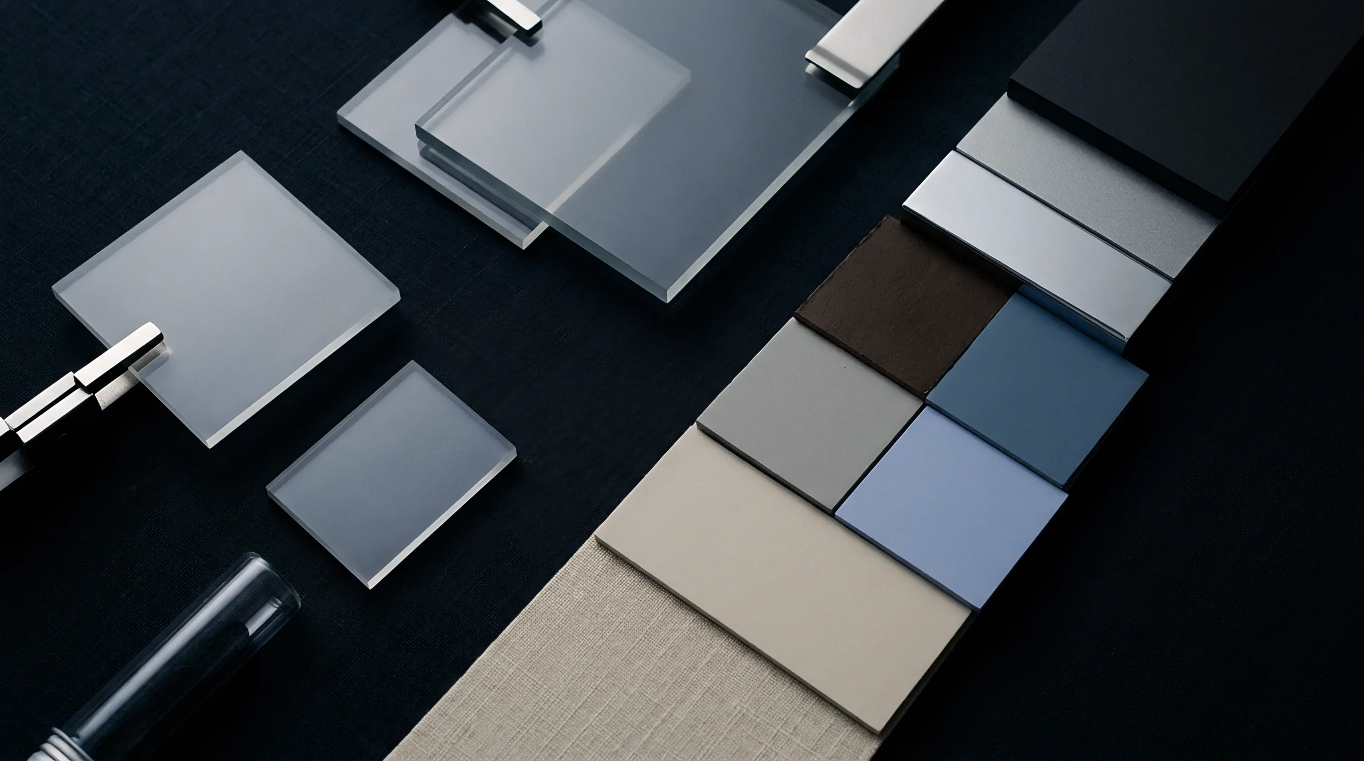Woven fabric strip aligns alongside colored material panels and translucent acrylic sheets on a dark surface.