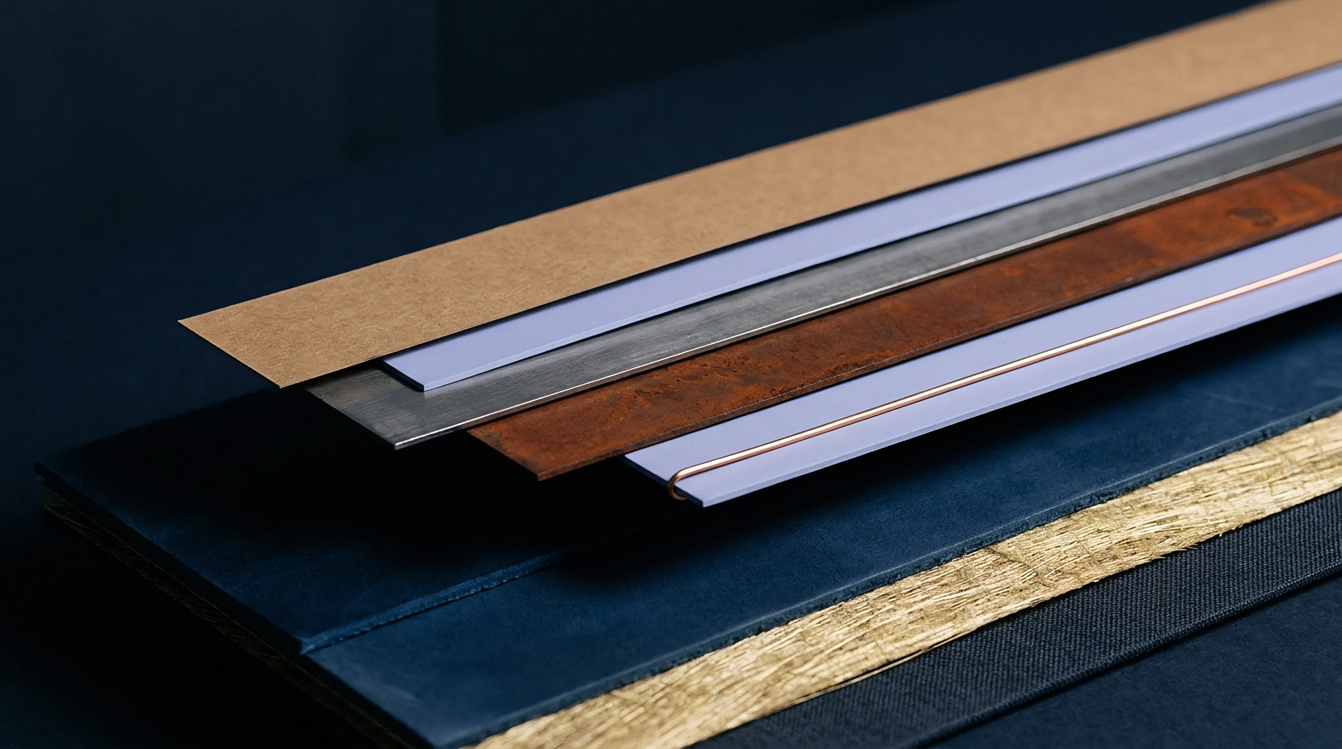 Assorted material swatches including metal sheets, paper, and wire rest upon a dark textile surface alongside a woven flax strip.