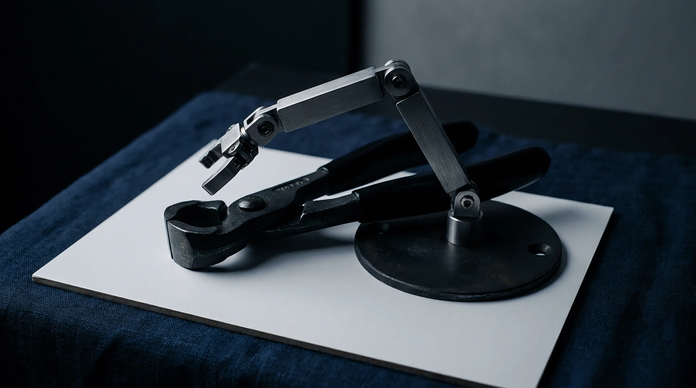 A metal articulated robotic arm and black handled nippers rest upon a white ceramic tile atop dark woven fabric.