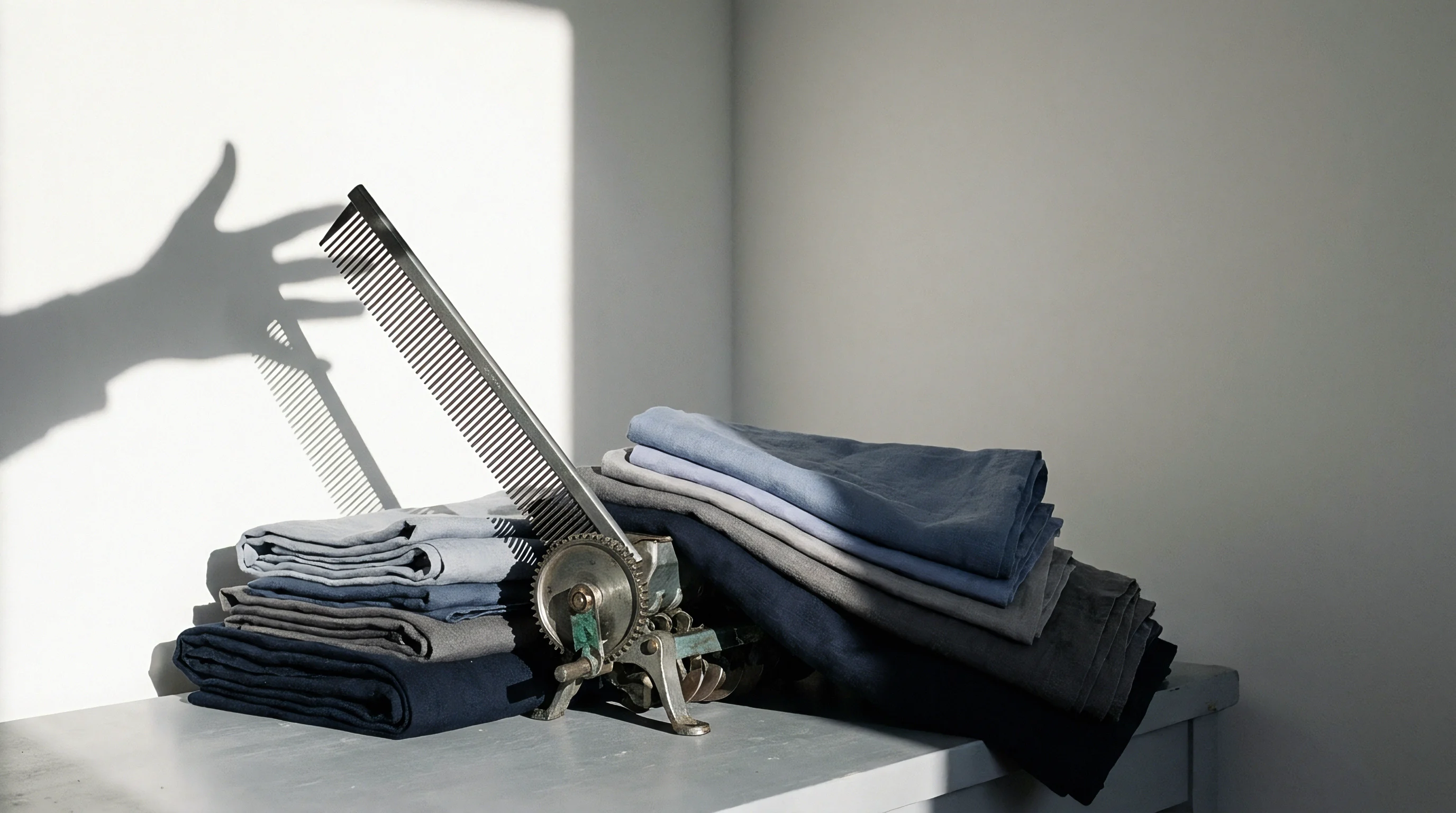 A metal textile processing tool rests beside several stacks of folded woven linen fabric on a neutral surface.