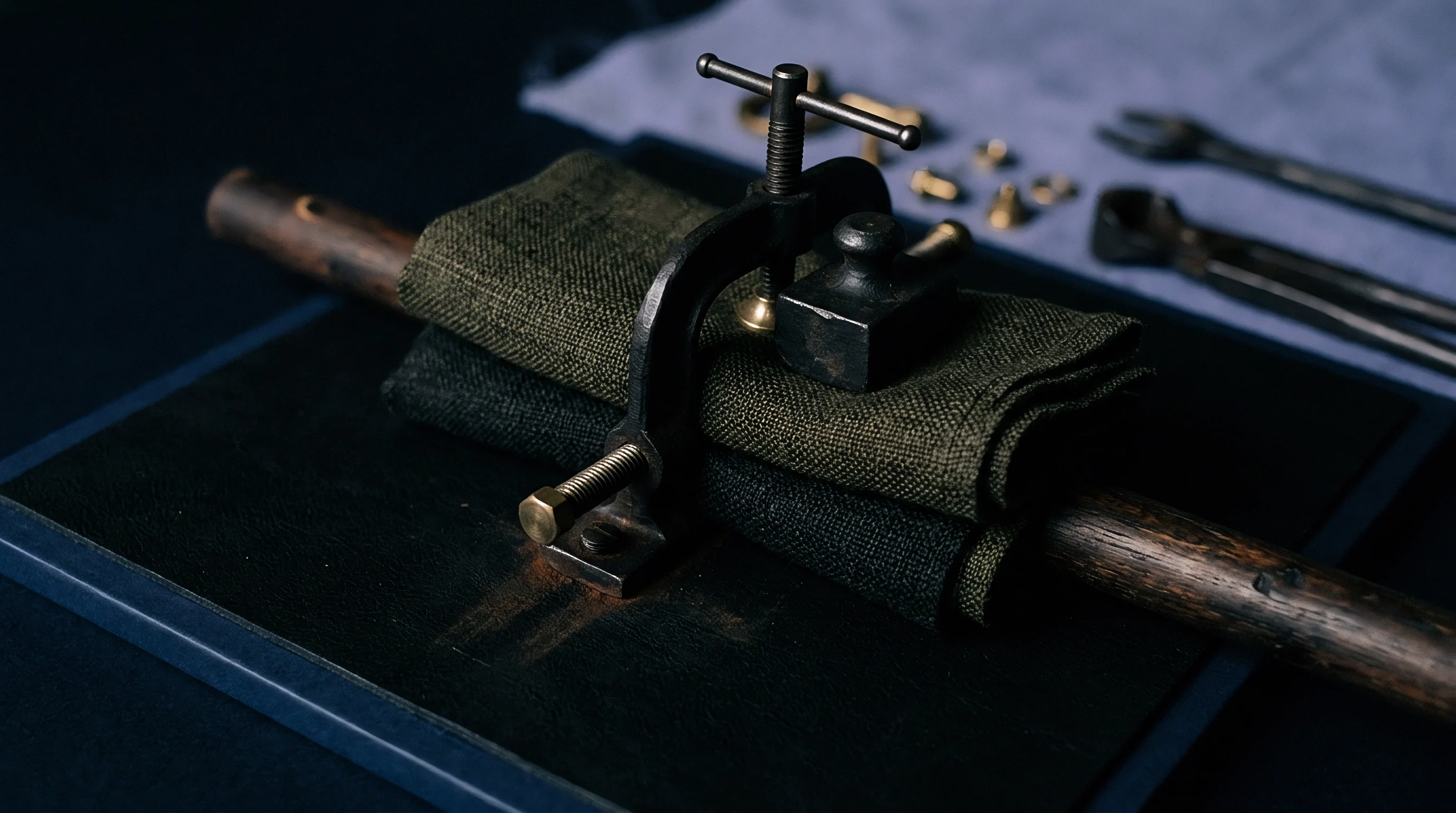 Folded olive green and black woven linen fabric rests under a cast iron screw press mounted on a dark wooden spindle.