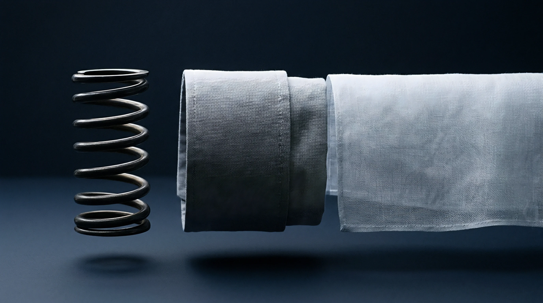 A digital render positions a steel coil spring next to tightly rolled grey linen and flat white woven flax cloth.