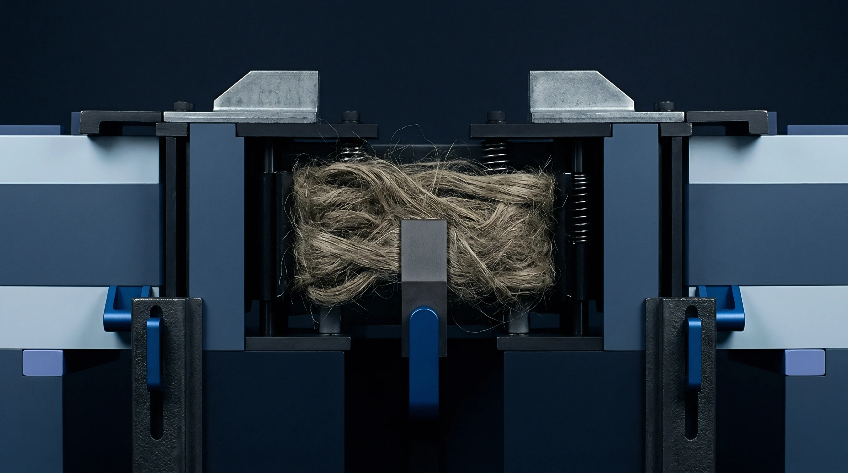 A digital cross section render displays a mechanical testing apparatus firmly clamping a raw bast fibre bundle inside a dark industrial housing.