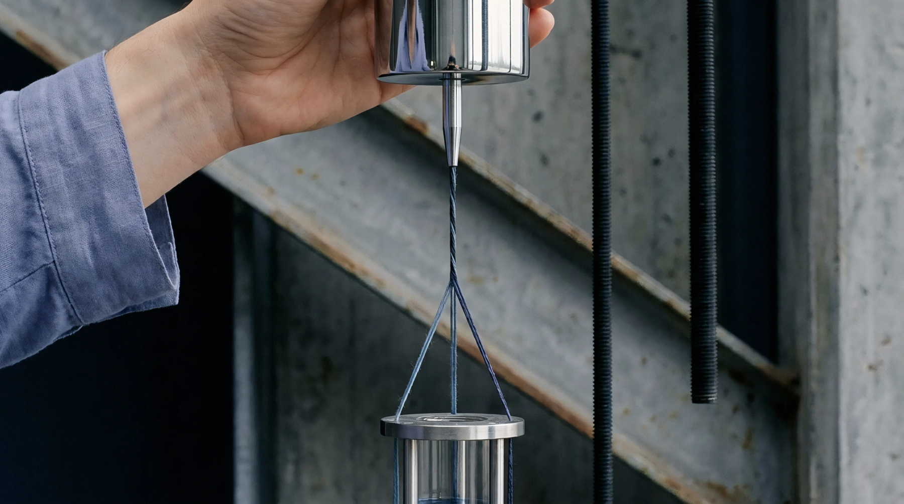 A metal testing instrument grips blue twisted yarn strands under high mechanical tension inside a textile manufacturing facility.