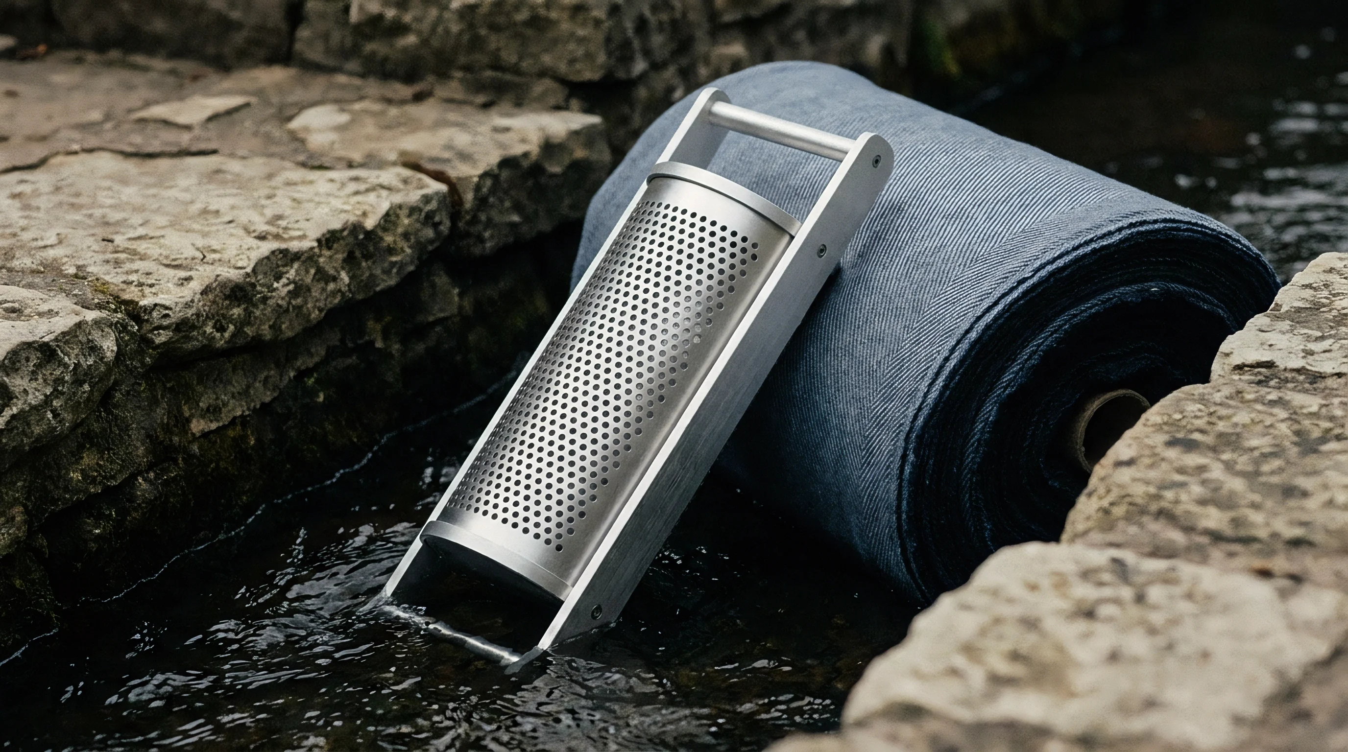 A perforated metal finishing tool rests partially submerged in a stone water channel beside a heavy roll of blue woven herringbone textile.