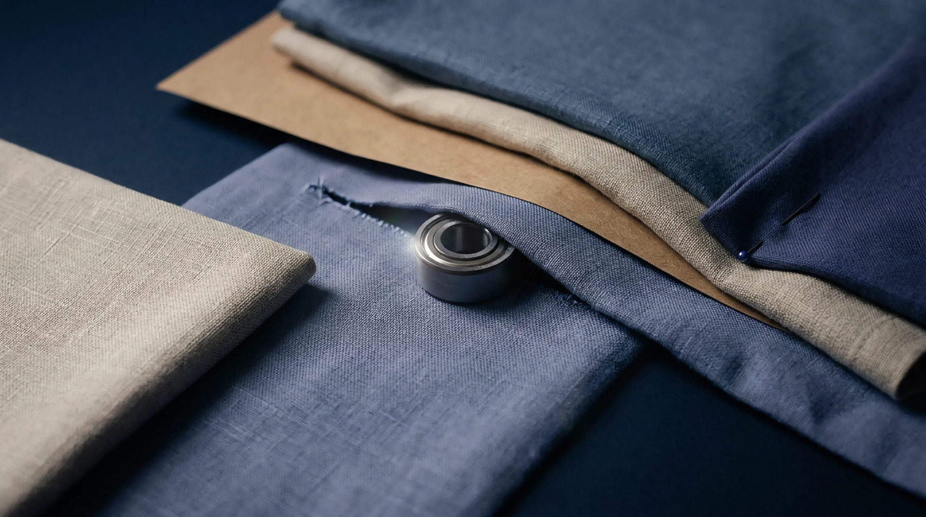 A steel roller bearing rests within a slit of blue woven cloth beside stacks of neutral and indigo textile panels.