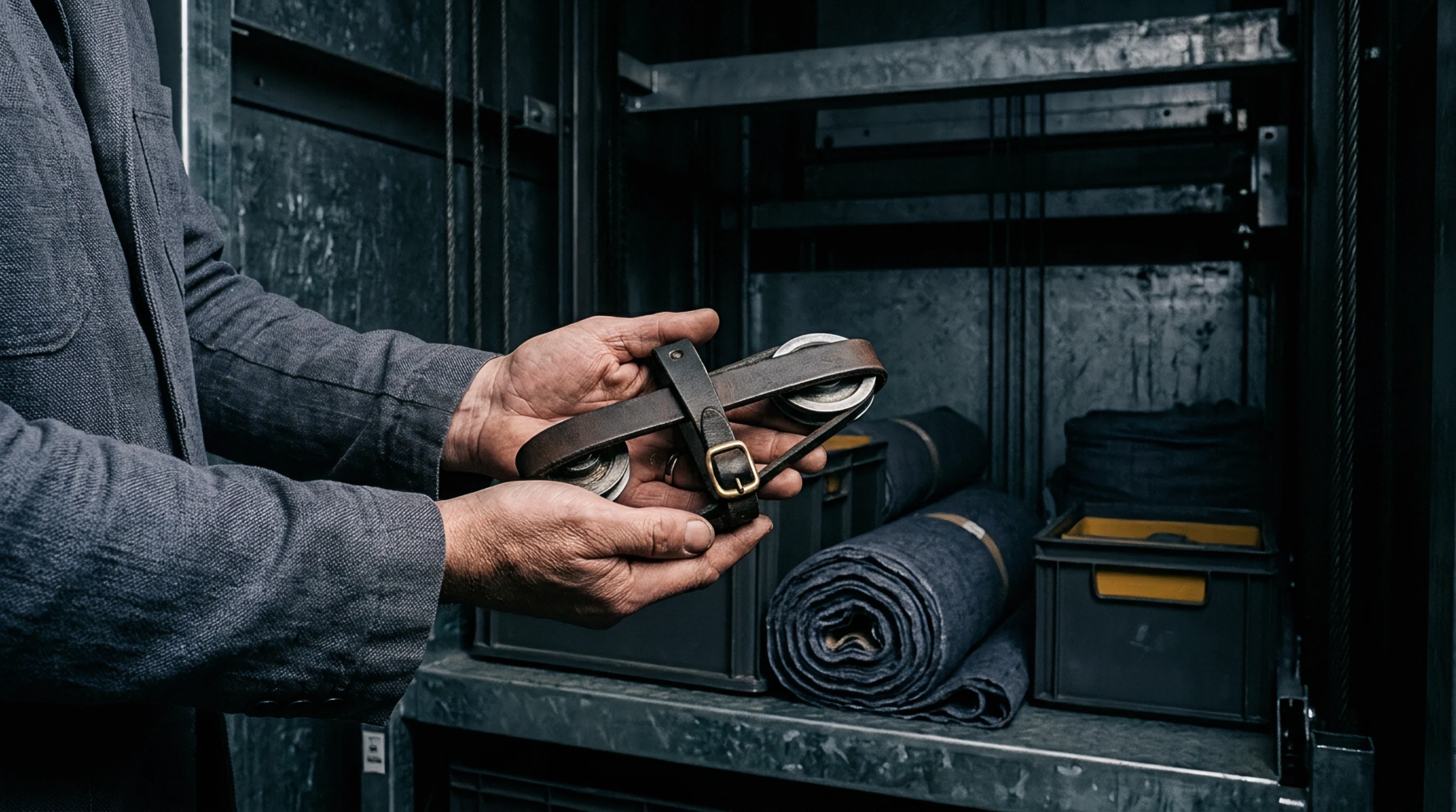 A textile artisan in a grey work jacket holds a vintage leather drive belt with metal pulleys inside an industrial mill.